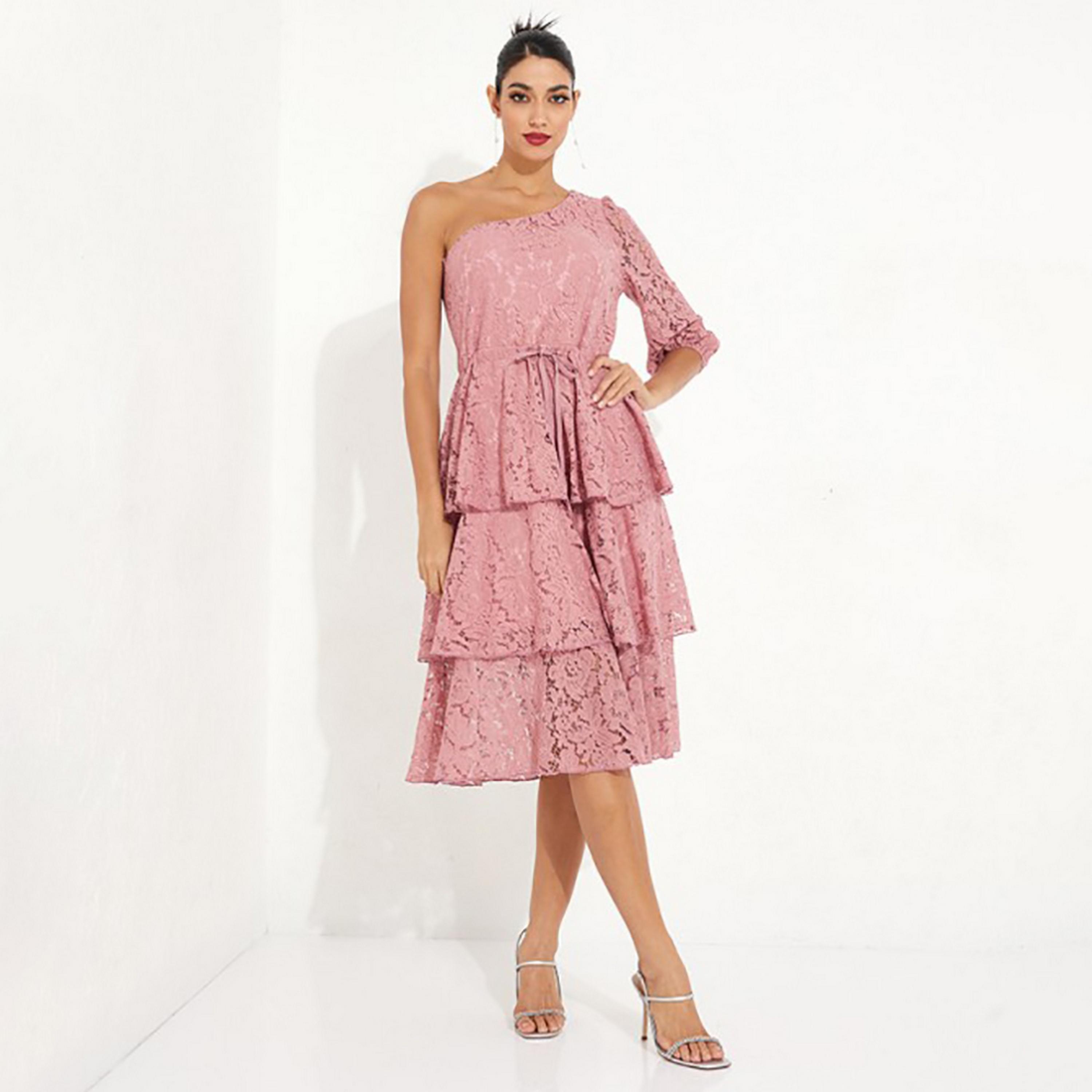 Little Mistress Pink Lace One Shoulder one Sleeves Tiered Midi Women's Dress-women-clothing-dresses-image-3