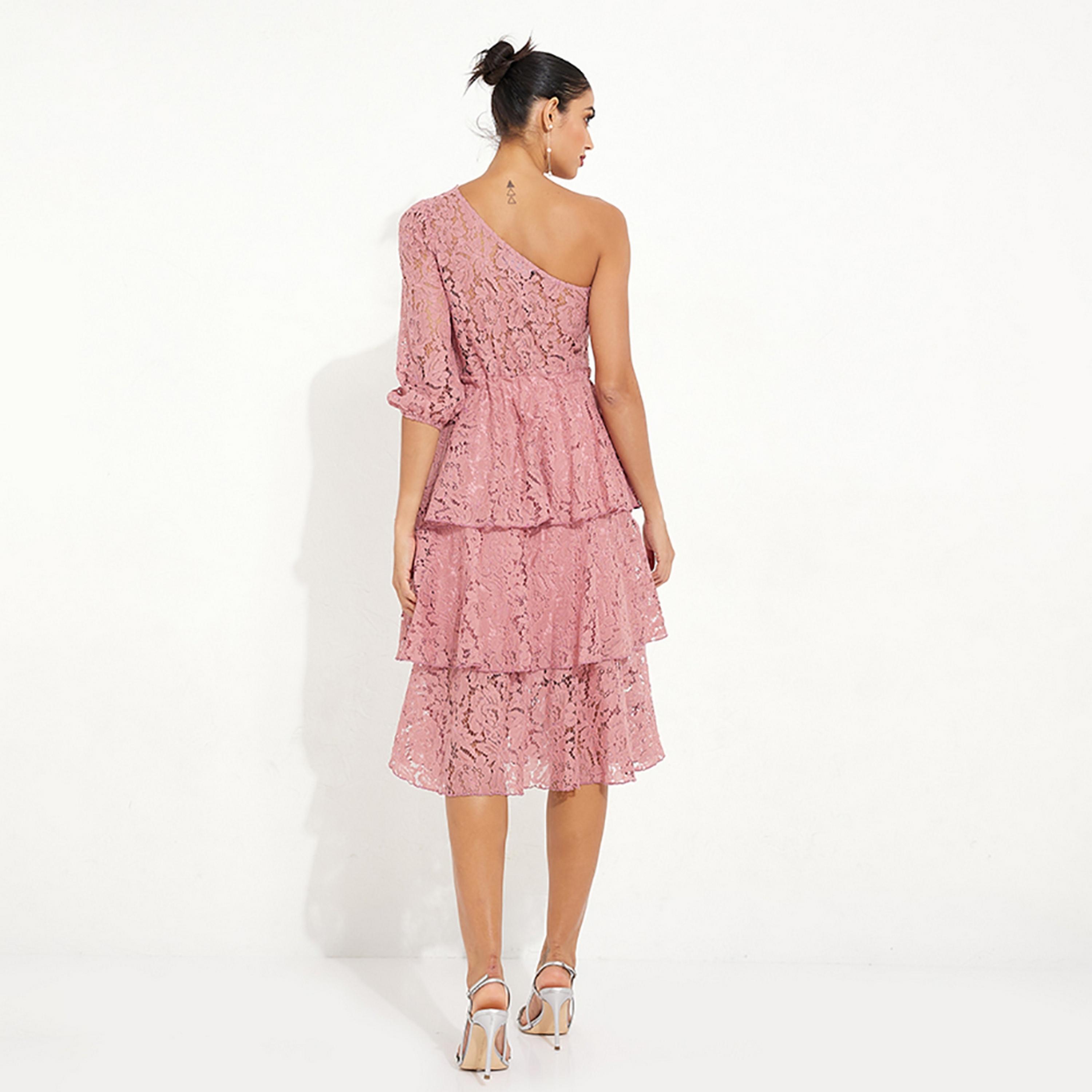 Little Mistress Pink Lace One Shoulder one Sleeves Tiered Midi Women's Dress-women-clothing-dresses-image-4