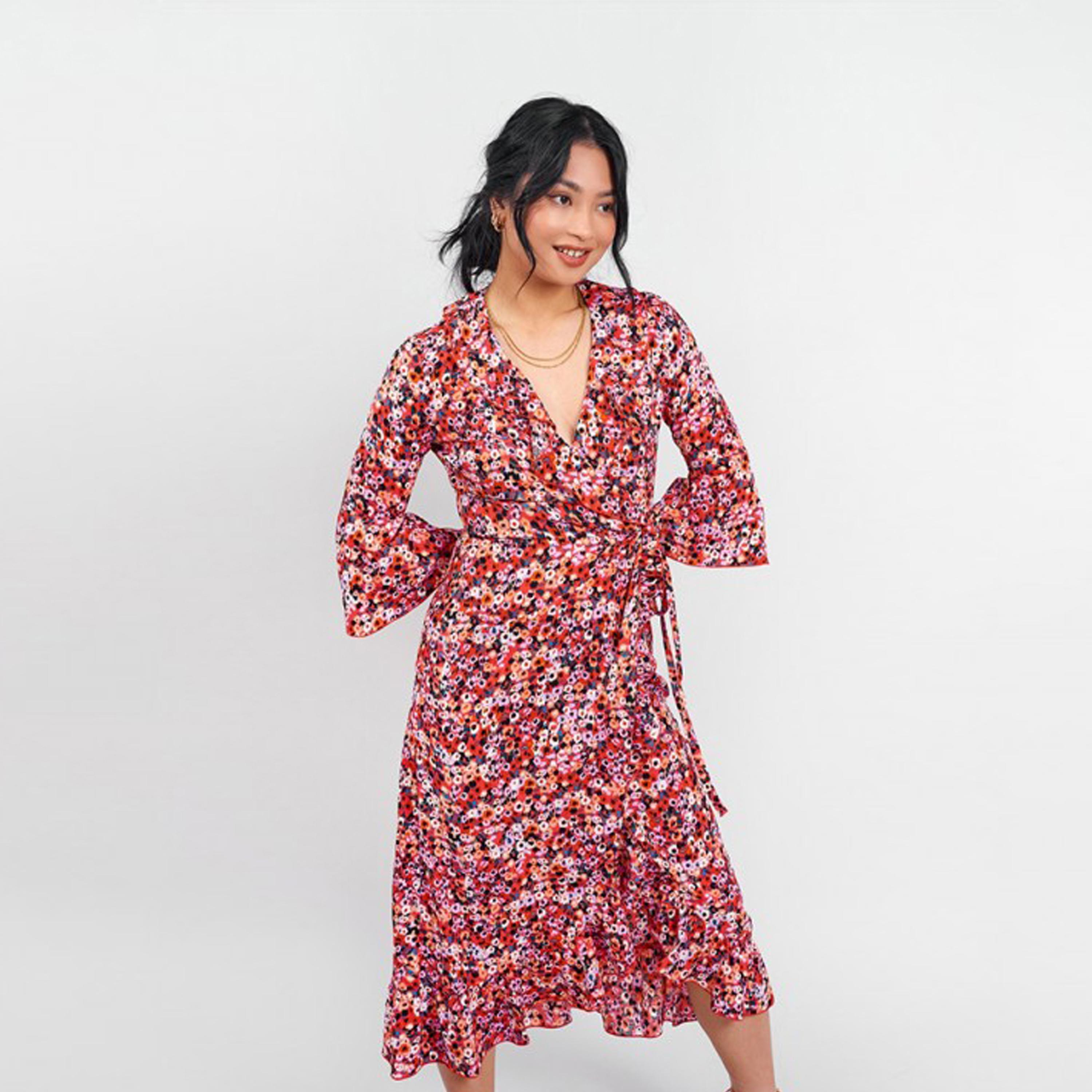 فستان ميدي ملفوف مزين بالزهور بمتعدد الألوان من ليتل ميسترس -women-clothing-dresses-image-1