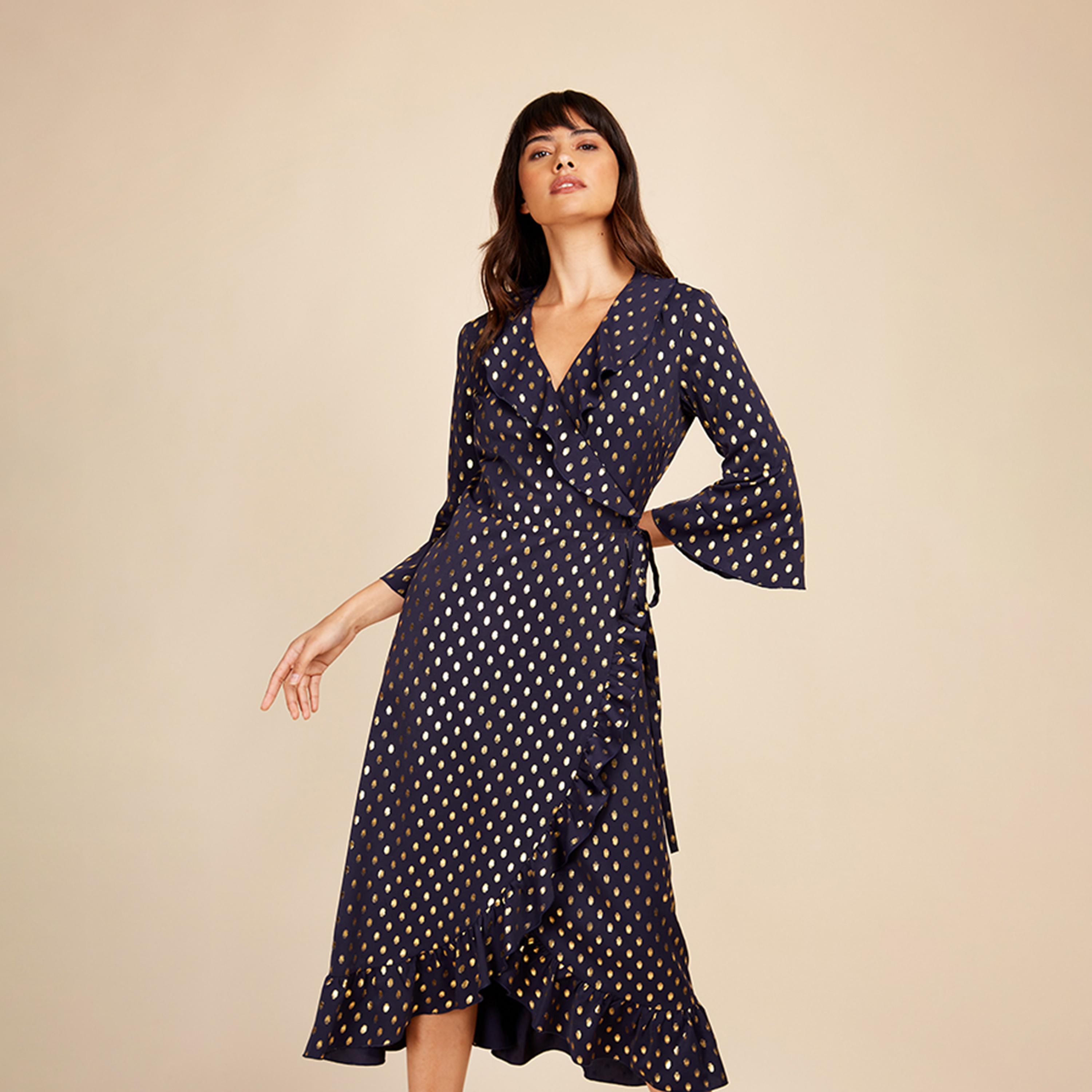 ليتل مسترس- فستان ملفوف منقط  متوسط الطول ياقة على شكل V أكمام طويلة-women-clothing-dresses-image-1