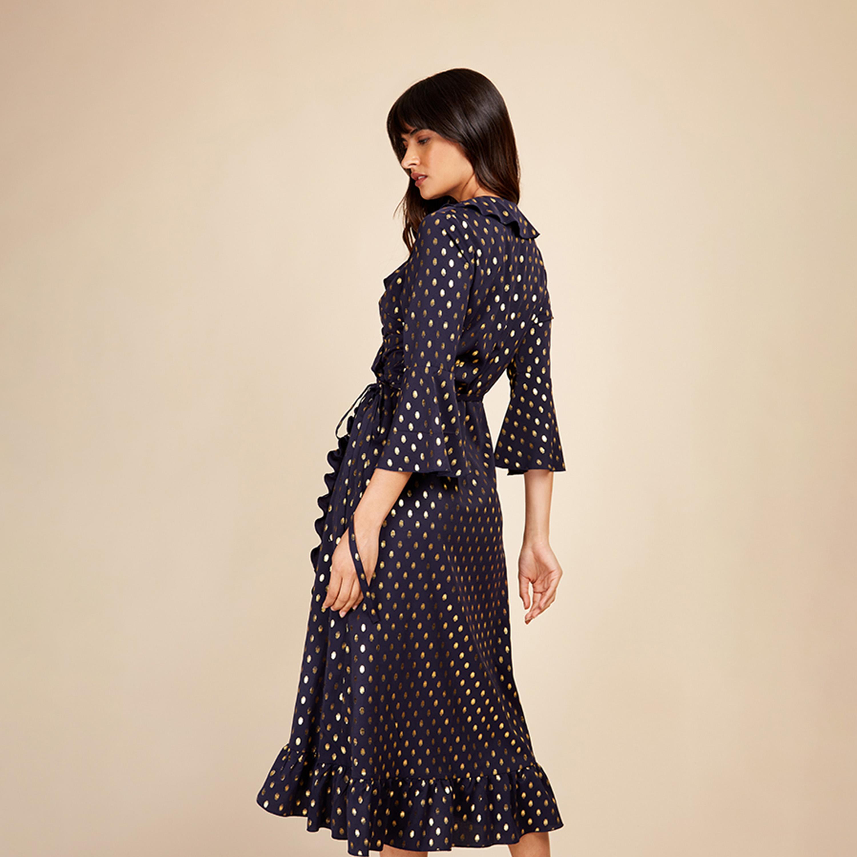 Little Mistress Polka Dot V-neck Wrap Midi Dress with Long Sleeves-women-clothing-dresses-image-2
