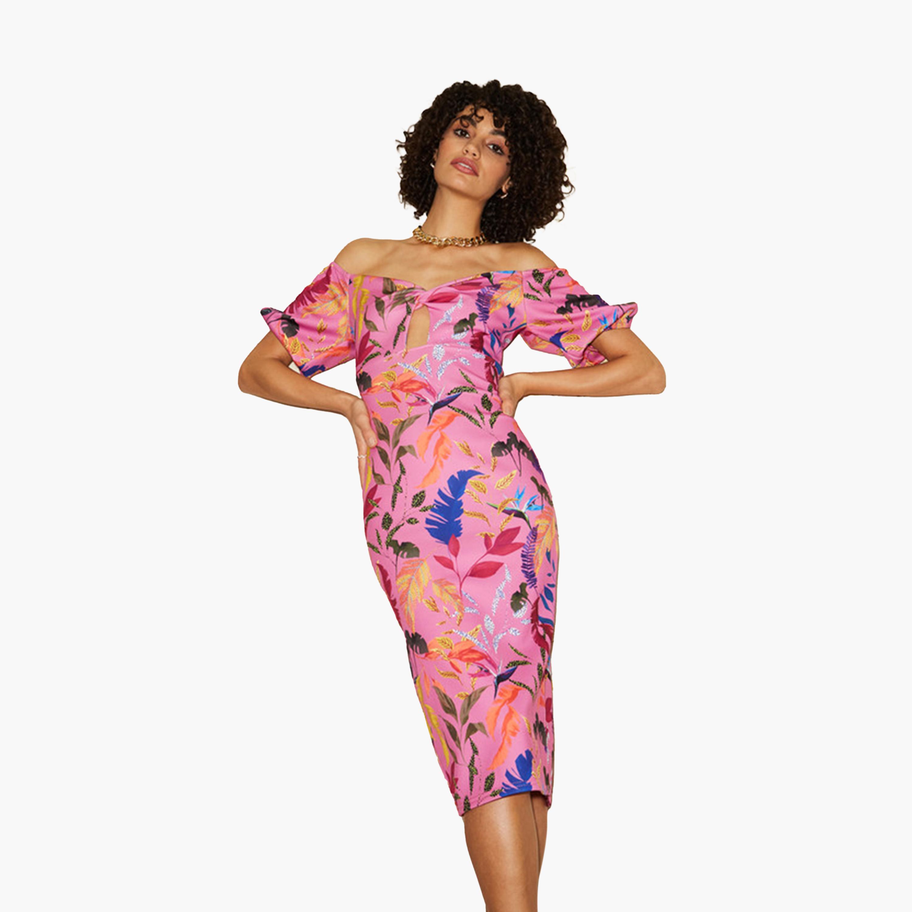 ليتل مسترس- فستان ضيق تصميم منقوش متوسط الطول أكمام قصيرة-women-clothing-dresses-image-1