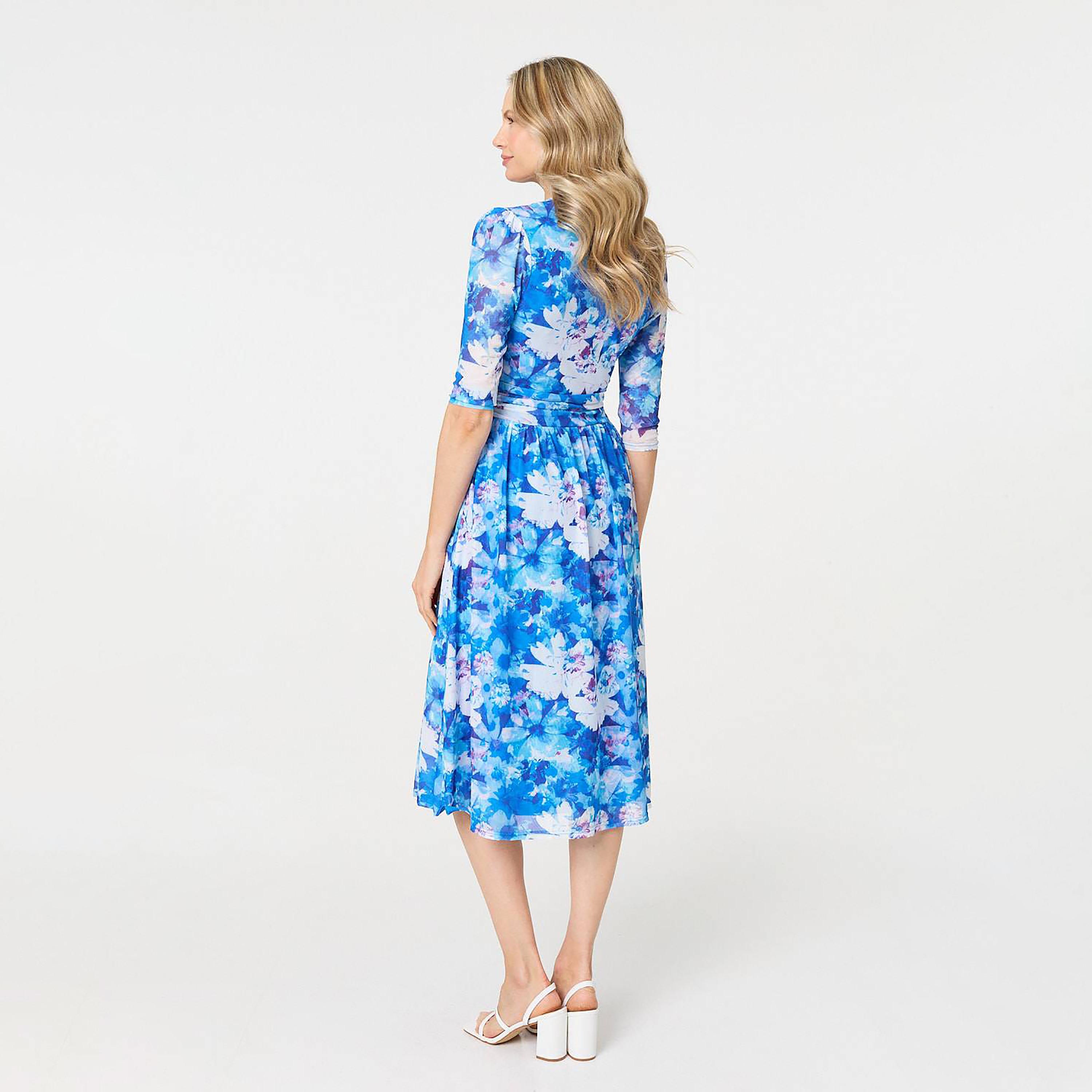 Izabel London Blue Floral Print Surplice Neck Pleated Women's Midi Dress-women-clothing-dresses-image-3
