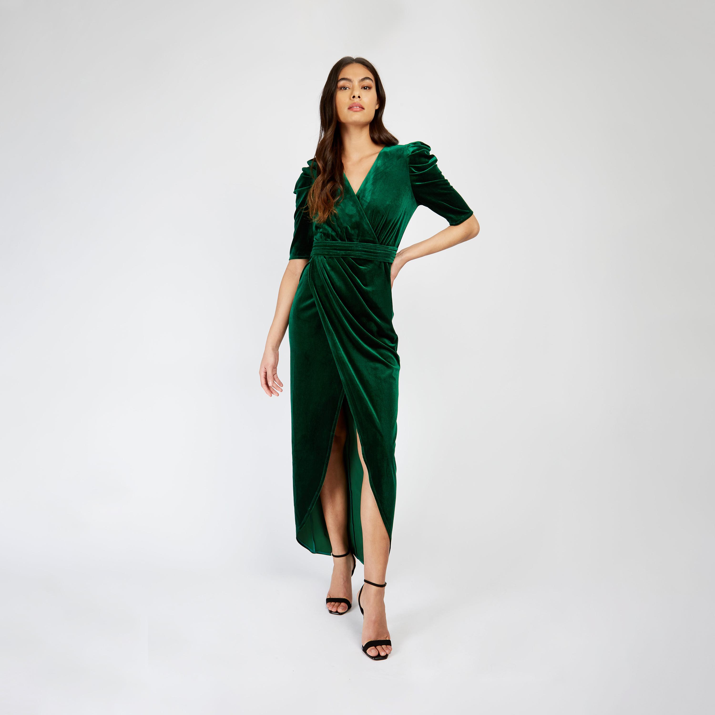 Little Mistress Velvet V-neck Slit Maxi Dress with Short Sleeves-women-clothing-dresses-image-1