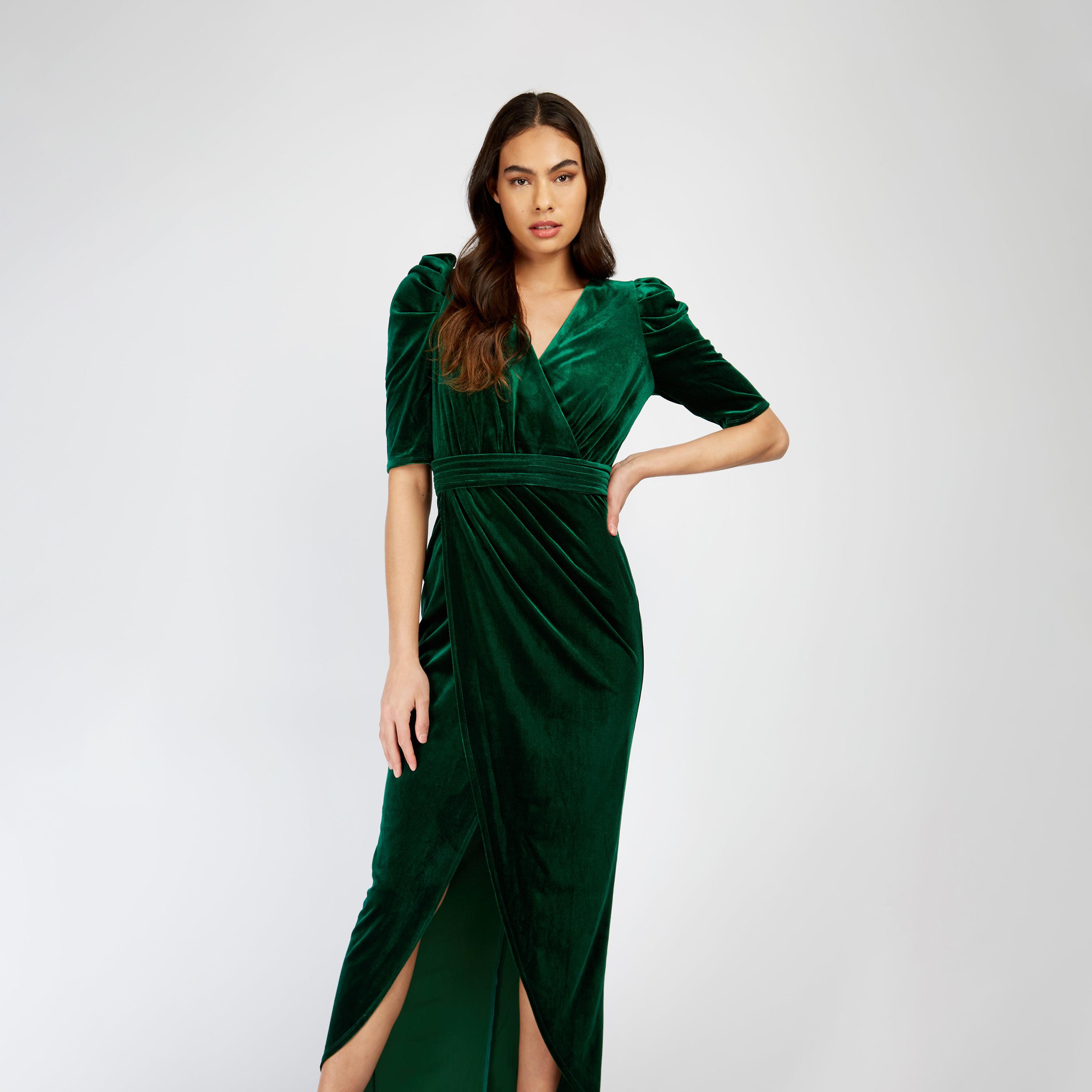 Little Mistress Velvet V-neck Slit Maxi Dress with Short Sleeves-women-clothing-dresses-image-2