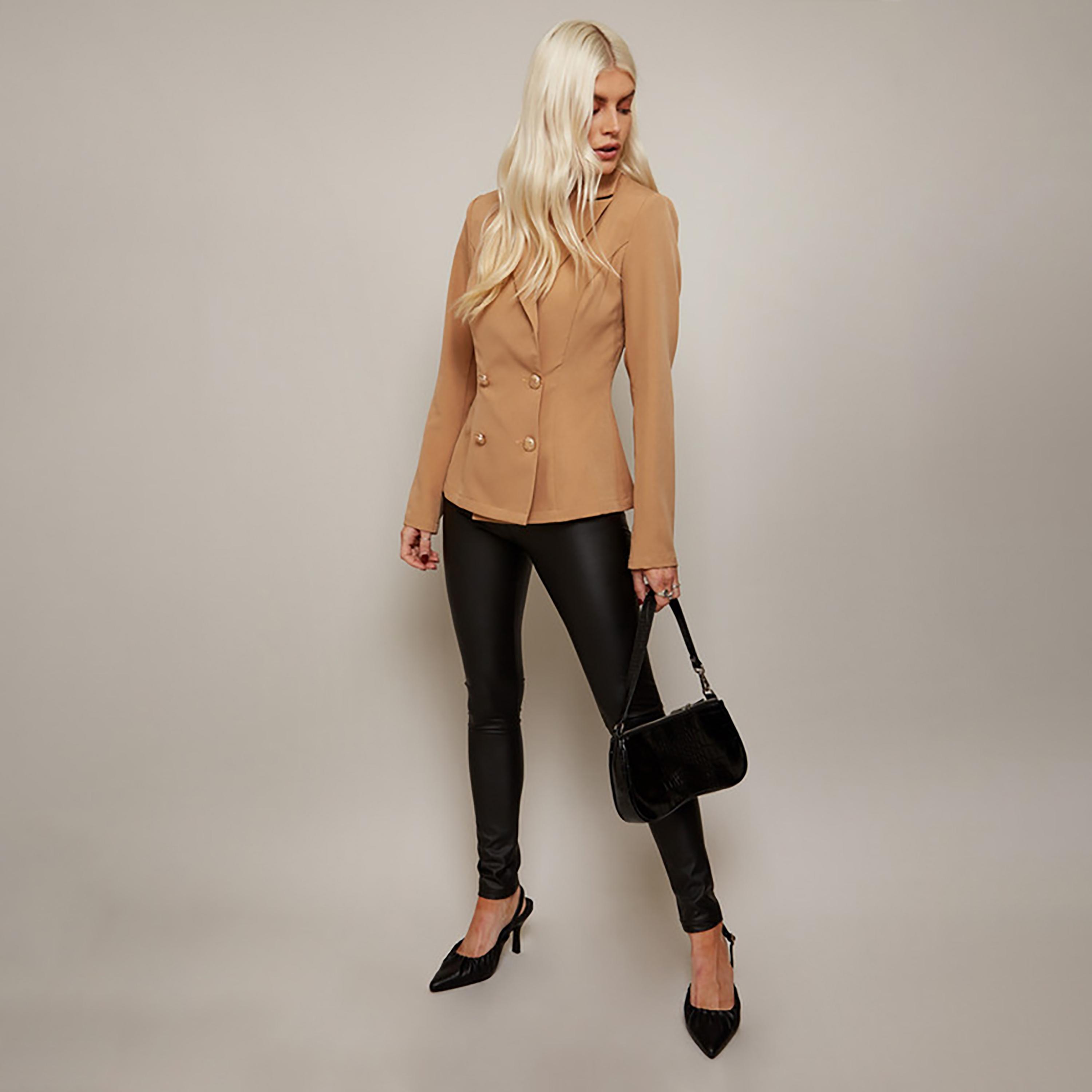 Little Mistress Brown Plain Notched Collar Long Sleeves Women's Blazer-women-clothing-coatsandjackets-blazers-image-2