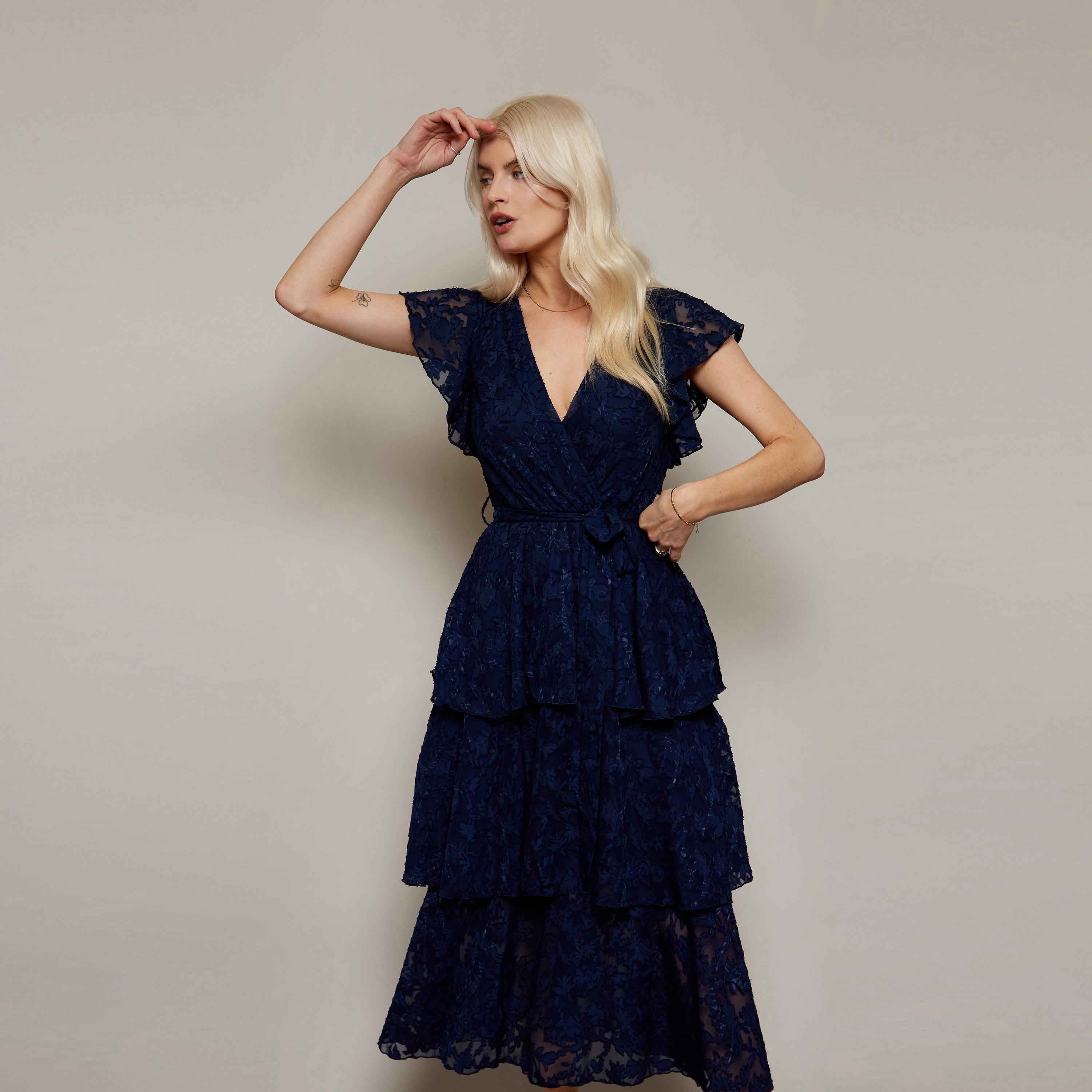 Little Mistress Lace V-neck Tiered Midi Dress with Short Sleeves-women-clothing-dresses-image-2