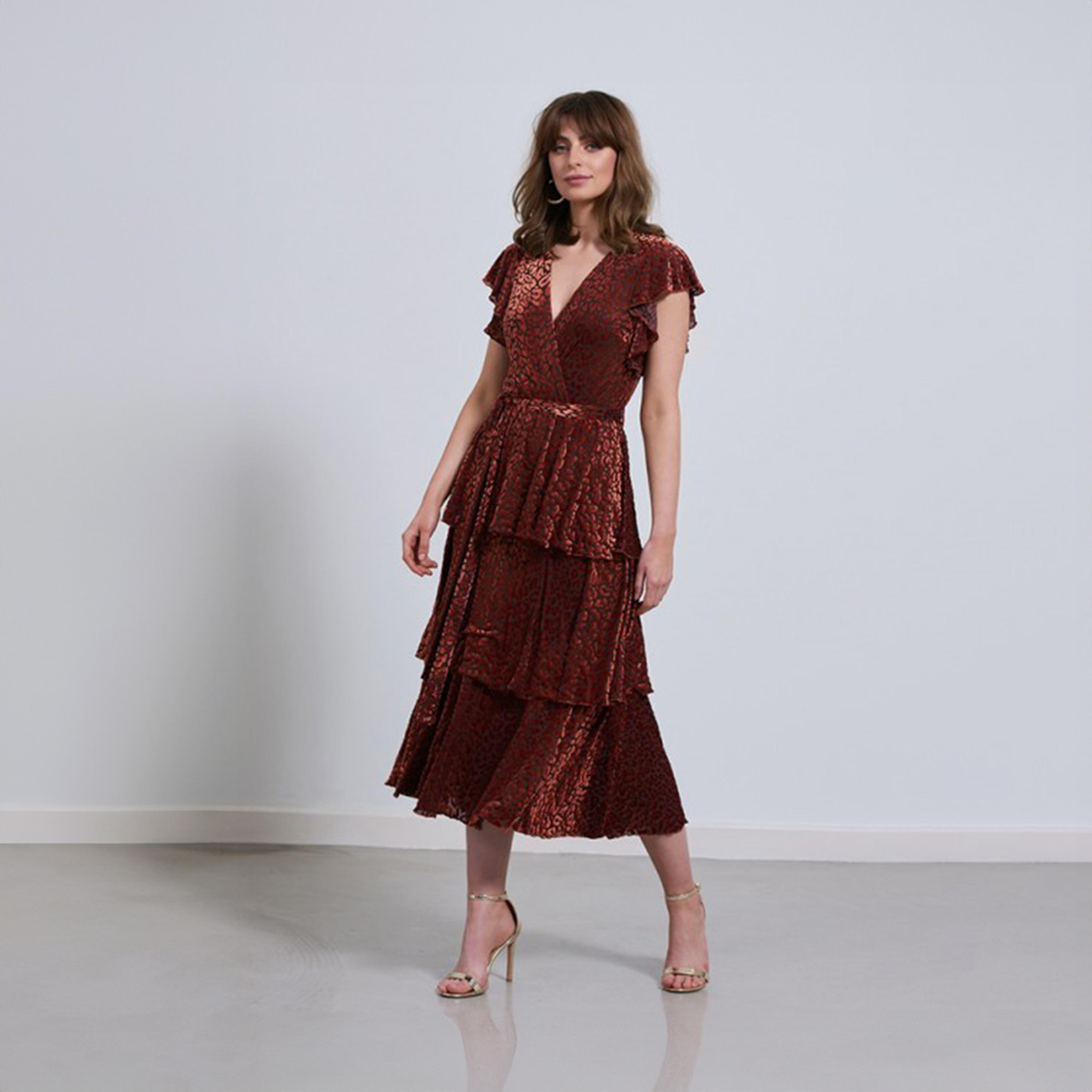 فستان ميدي متعدد الطبقات بياقة ماندارين وطبعة حيوان من ليتل ميسترس بلون بني -women-clothing-dresses-image-1