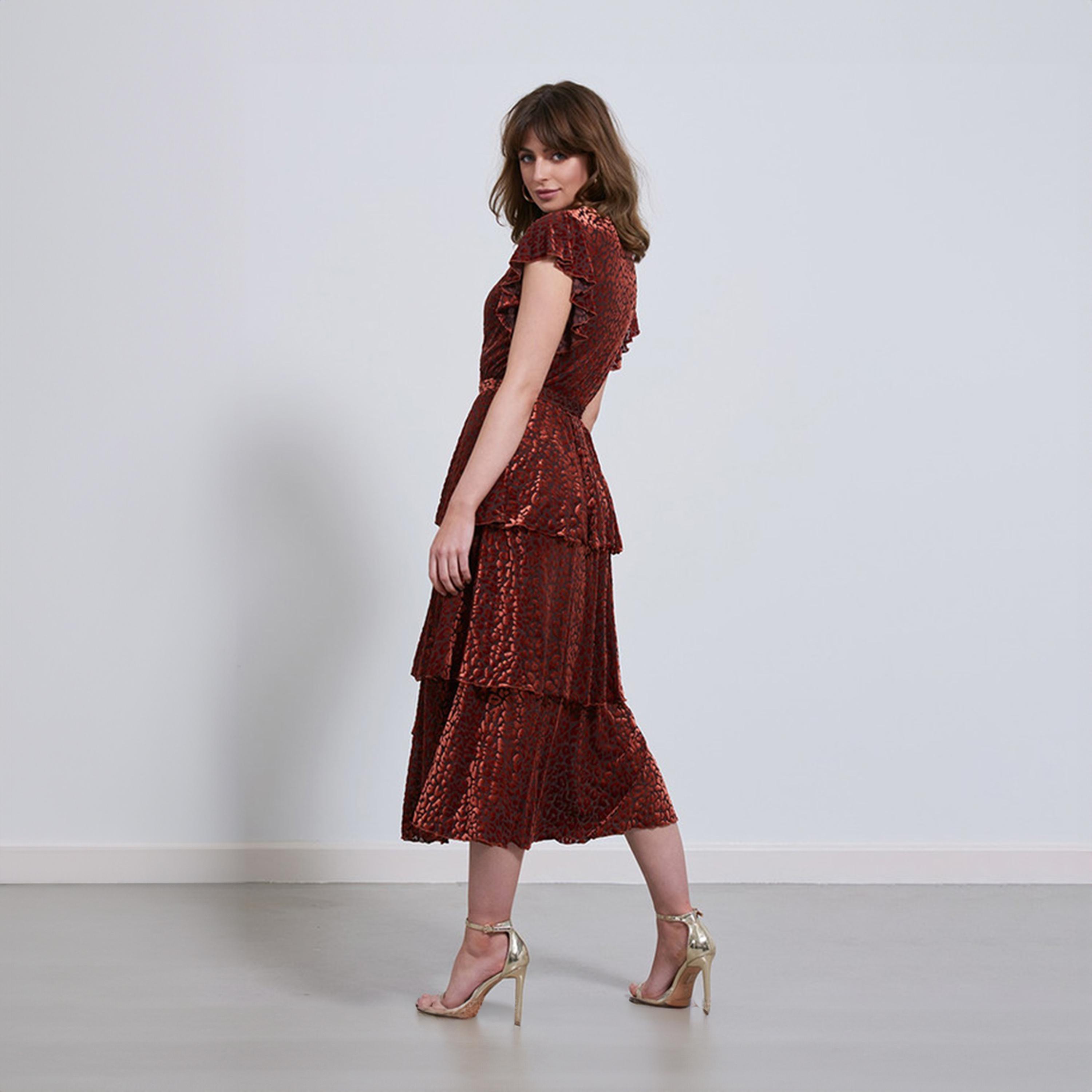 Little Mistress Brown Animal Print Mandarin Collar Tiered Midi Dress-women-clothing-dresses-image-2
