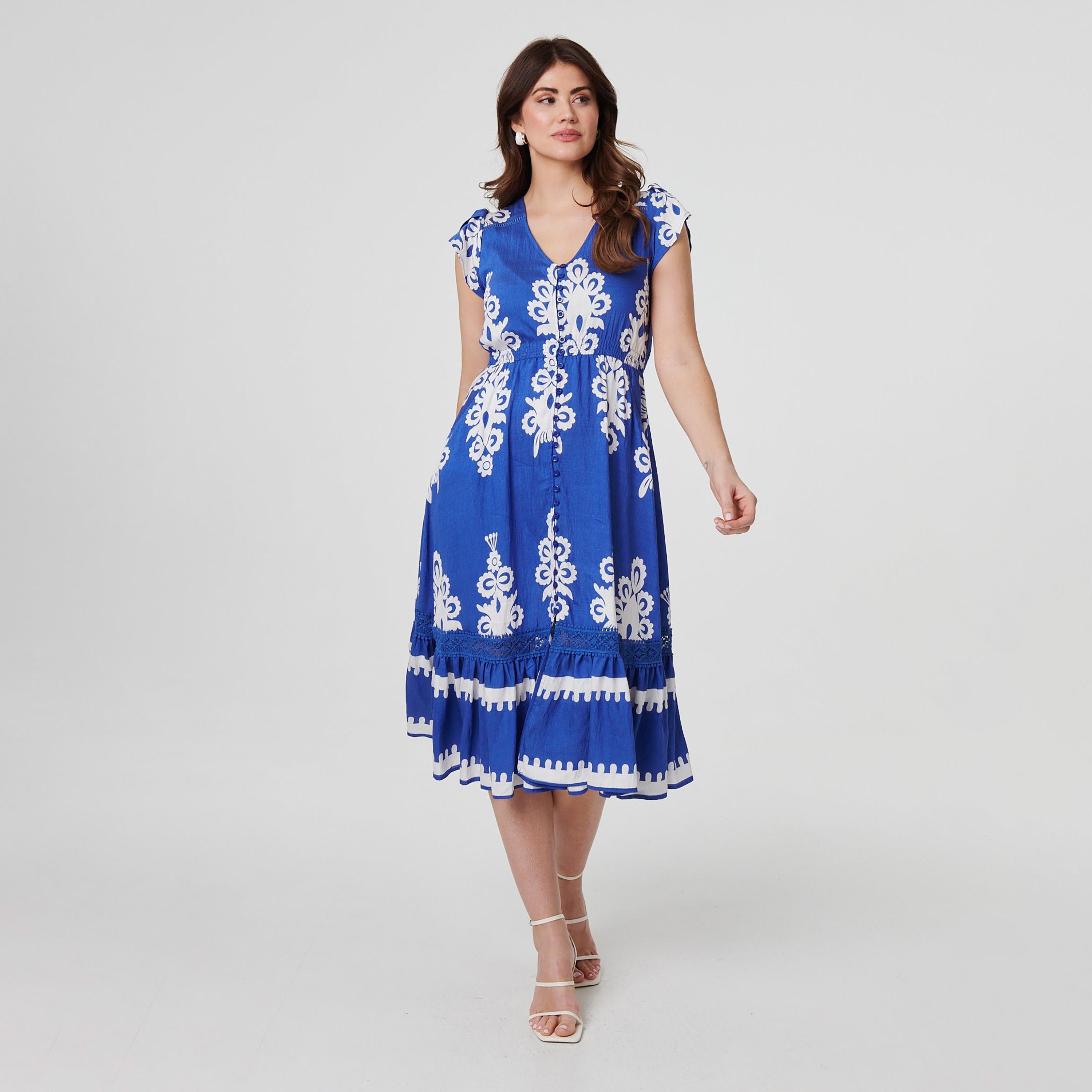 Izabel London Blue Printed Cap Sleeves Women's Midi Dress-women-clothing-dresses-image-1