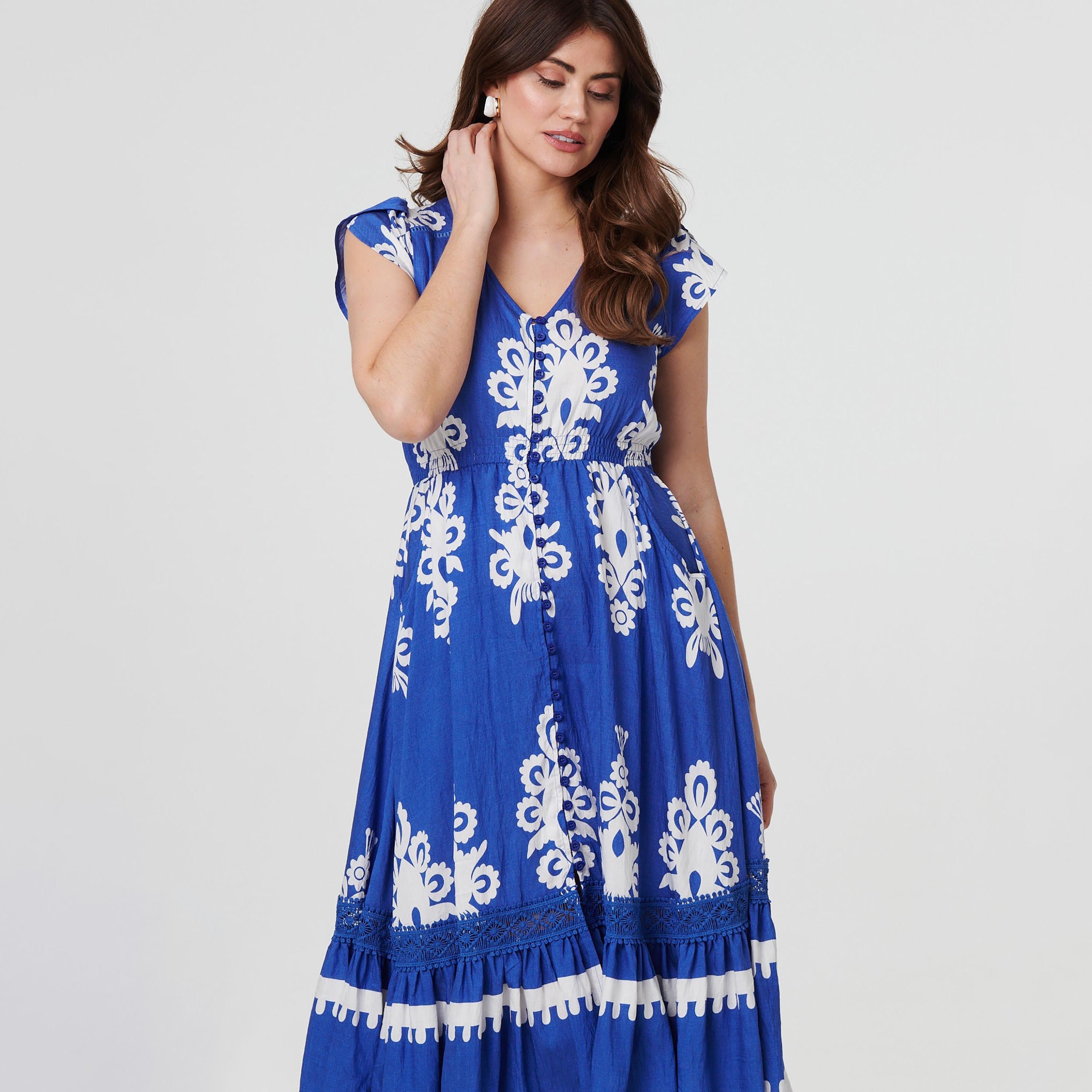 Izabel London Blue Printed Cap Sleeves Women's Midi Dress-women-clothing-dresses-image-2