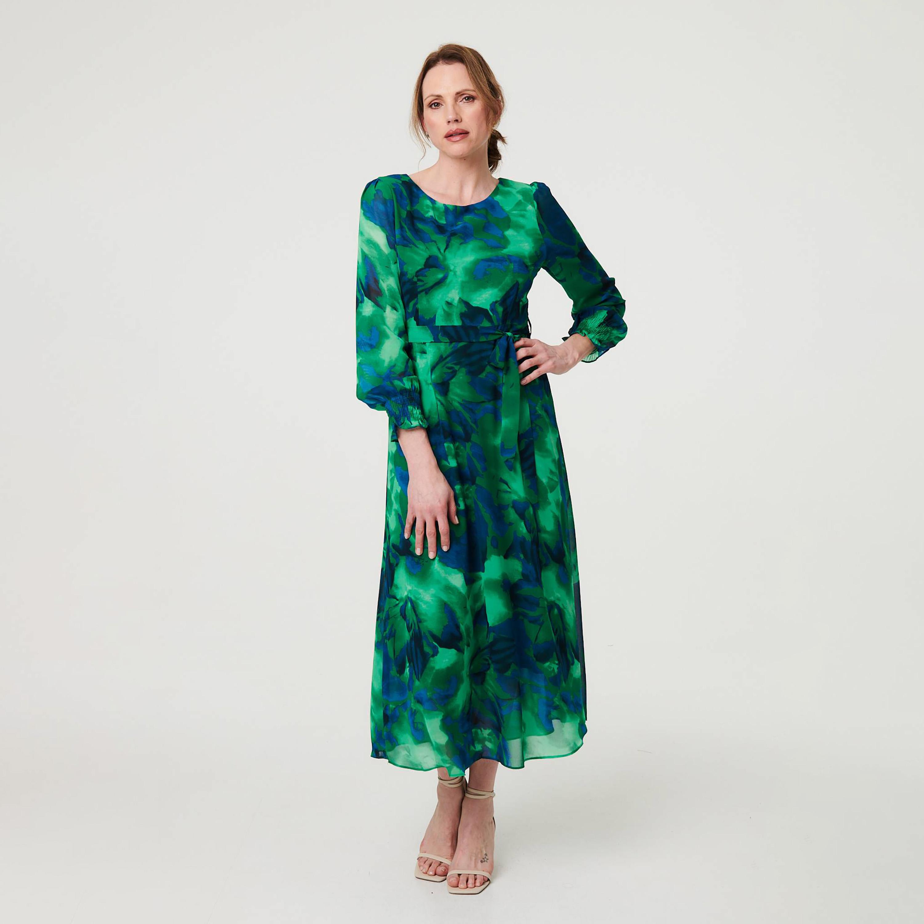 Izabel London Green Abstract Print Balloon Sleeves Women's Midi Dress-women-clothing-dresses-image-1