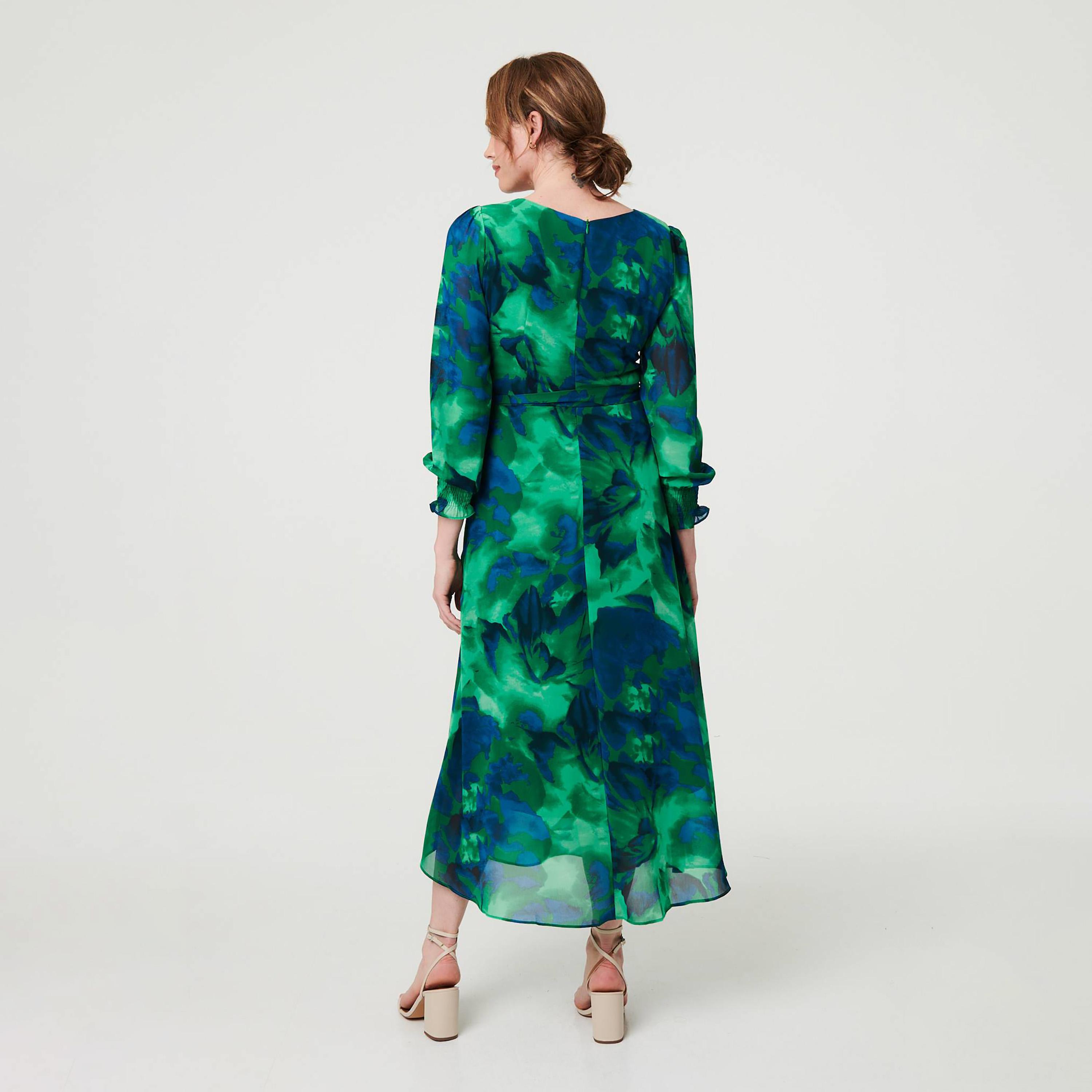 فستان ميدي نسائي بأكمام "بالون" وطبعة تجريدية بلون أخضر من إيزابيل لندن-women-clothing-dresses-image-3