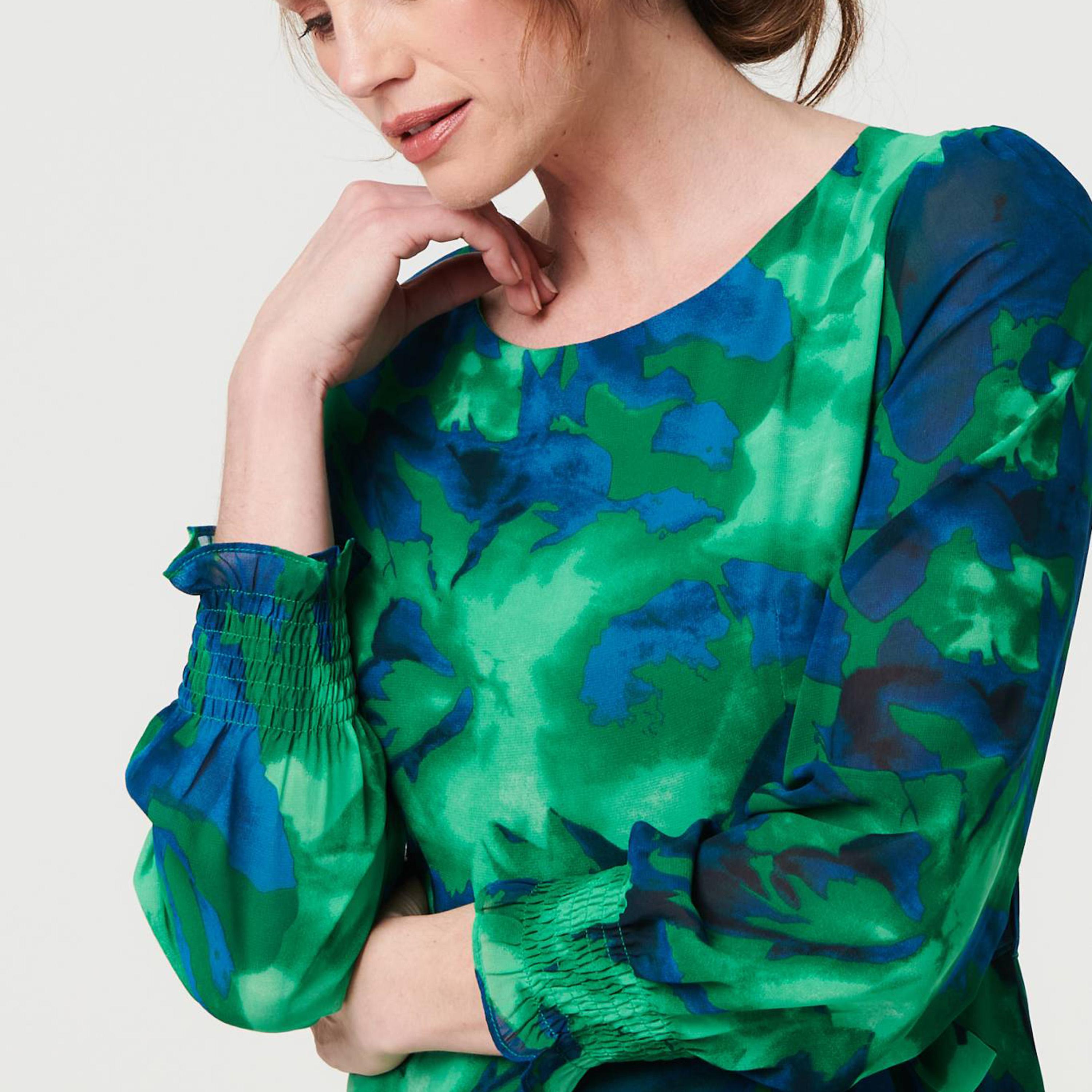 Izabel London Green Abstract Print Balloon Sleeves Women's Midi Dress-women-clothing-dresses-image-4
