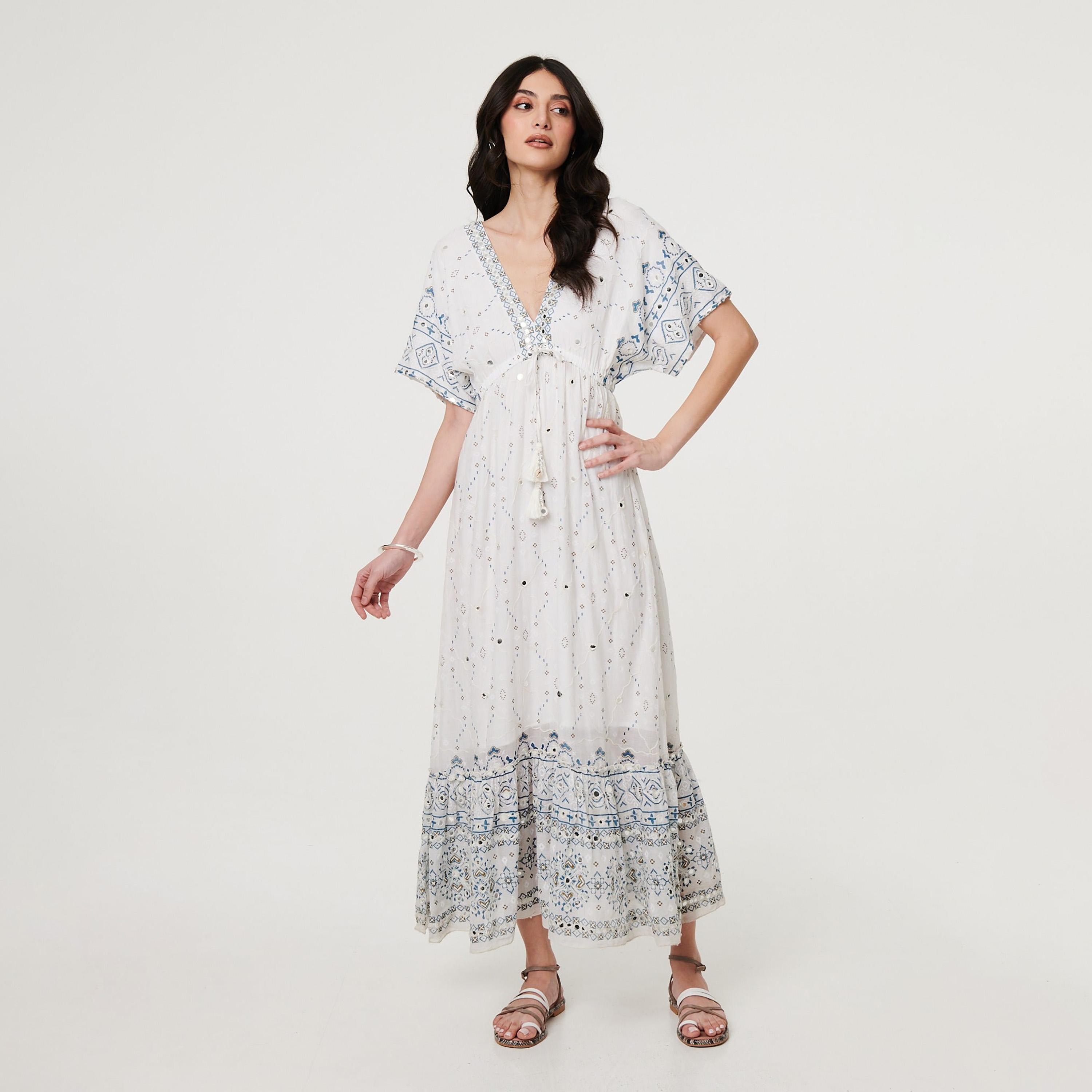 Izabel London White Embroidered Ethnic Motifs Tiered Women's Midi Dress-women-clothing-dresses-image-1