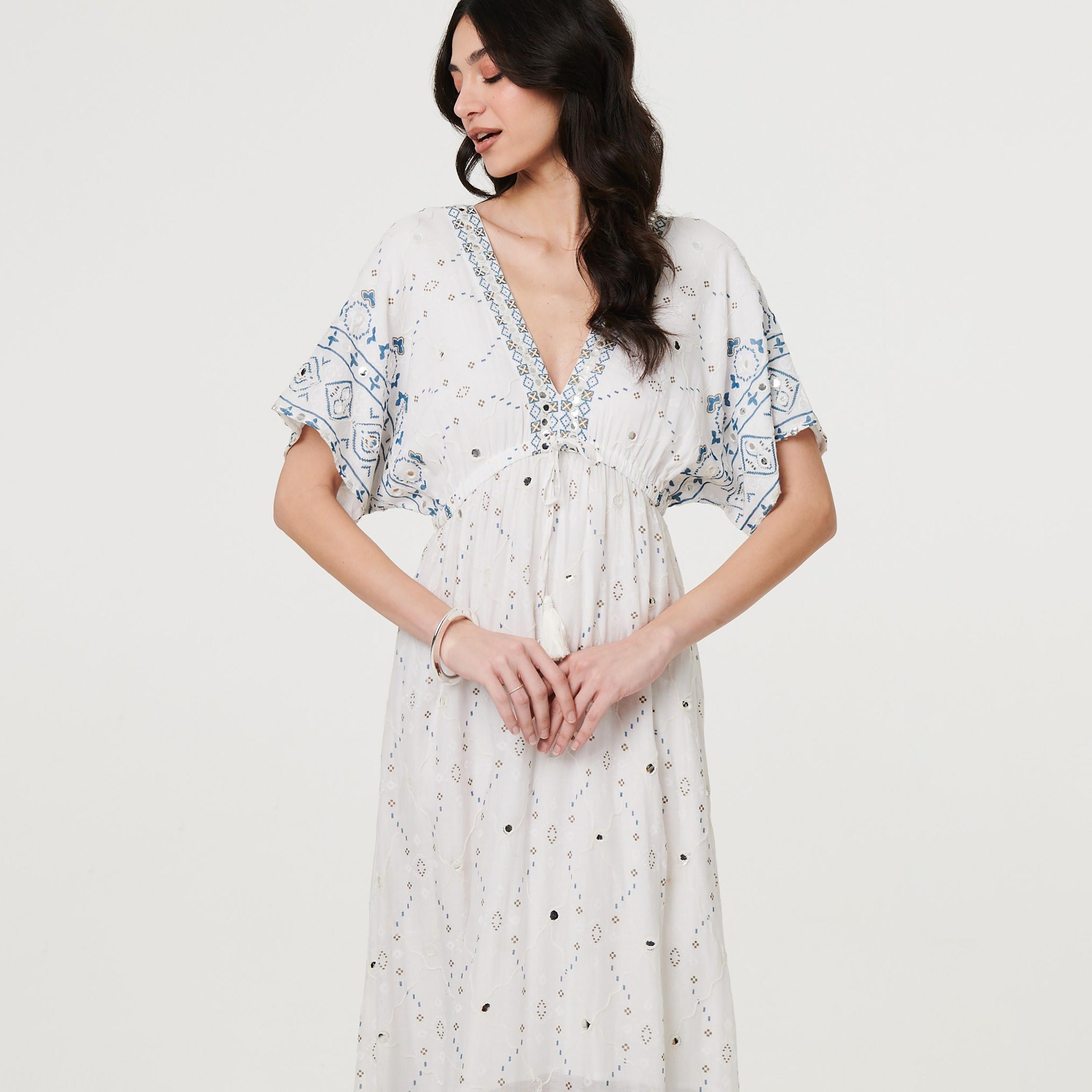 Izabel London White Embroidered Ethnic Motifs Tiered Women's Midi Dress-women-clothing-dresses-image-2