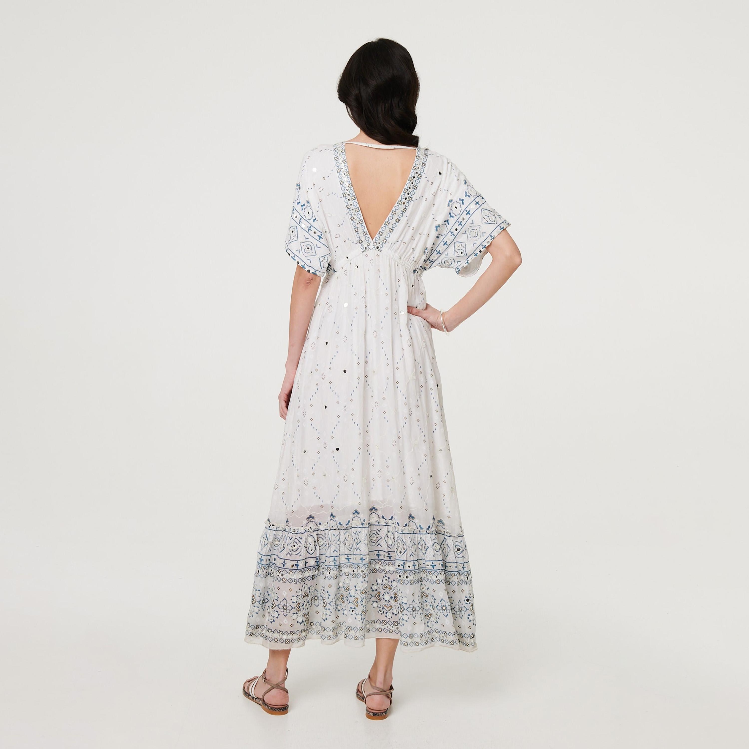 Izabel London White Embroidered Ethnic Motifs Tiered Women's Midi Dress-women-clothing-dresses-image-3