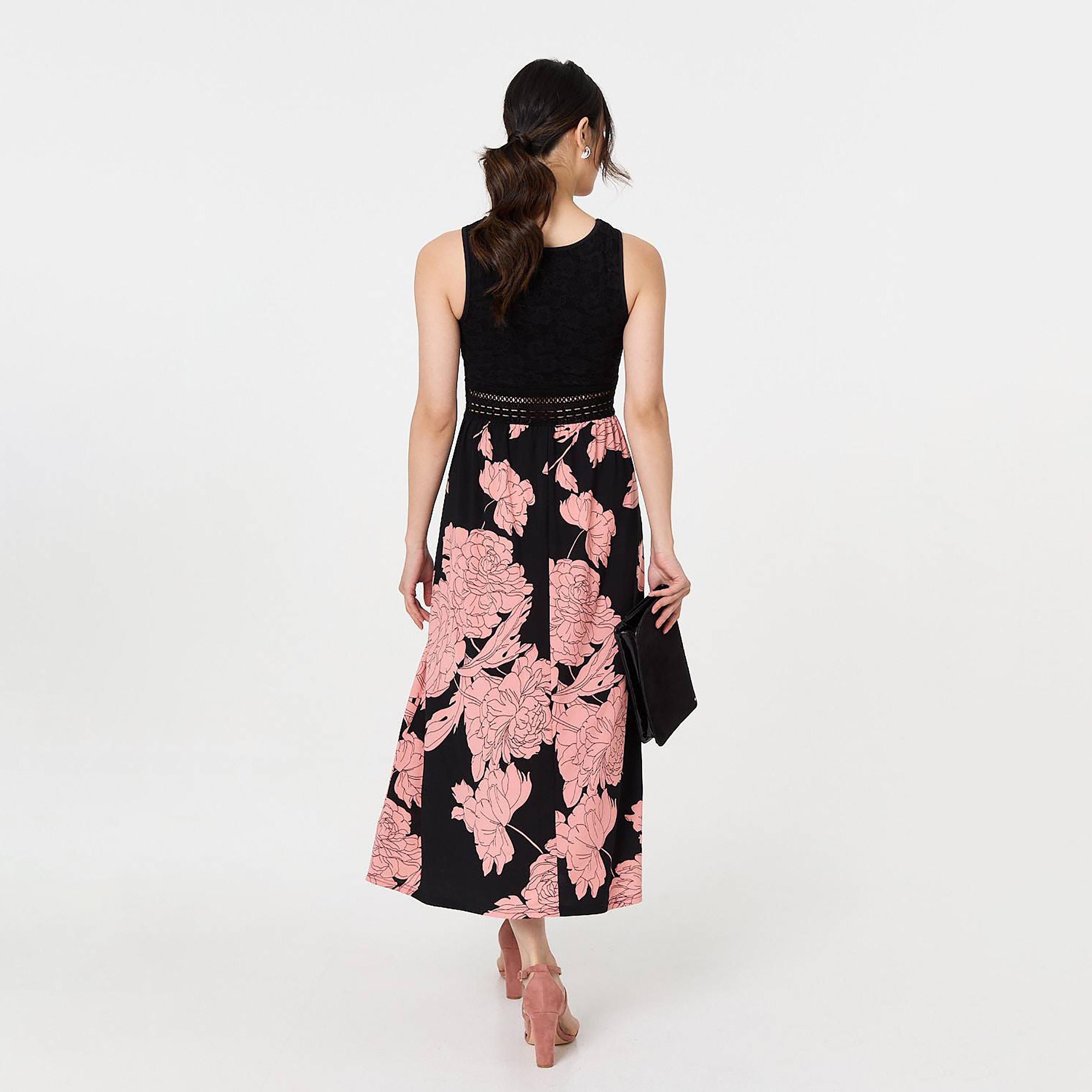 Izabel London Black Floral Print Fit & Flared Women's Midi Dress-women-clothing-dresses-image-3