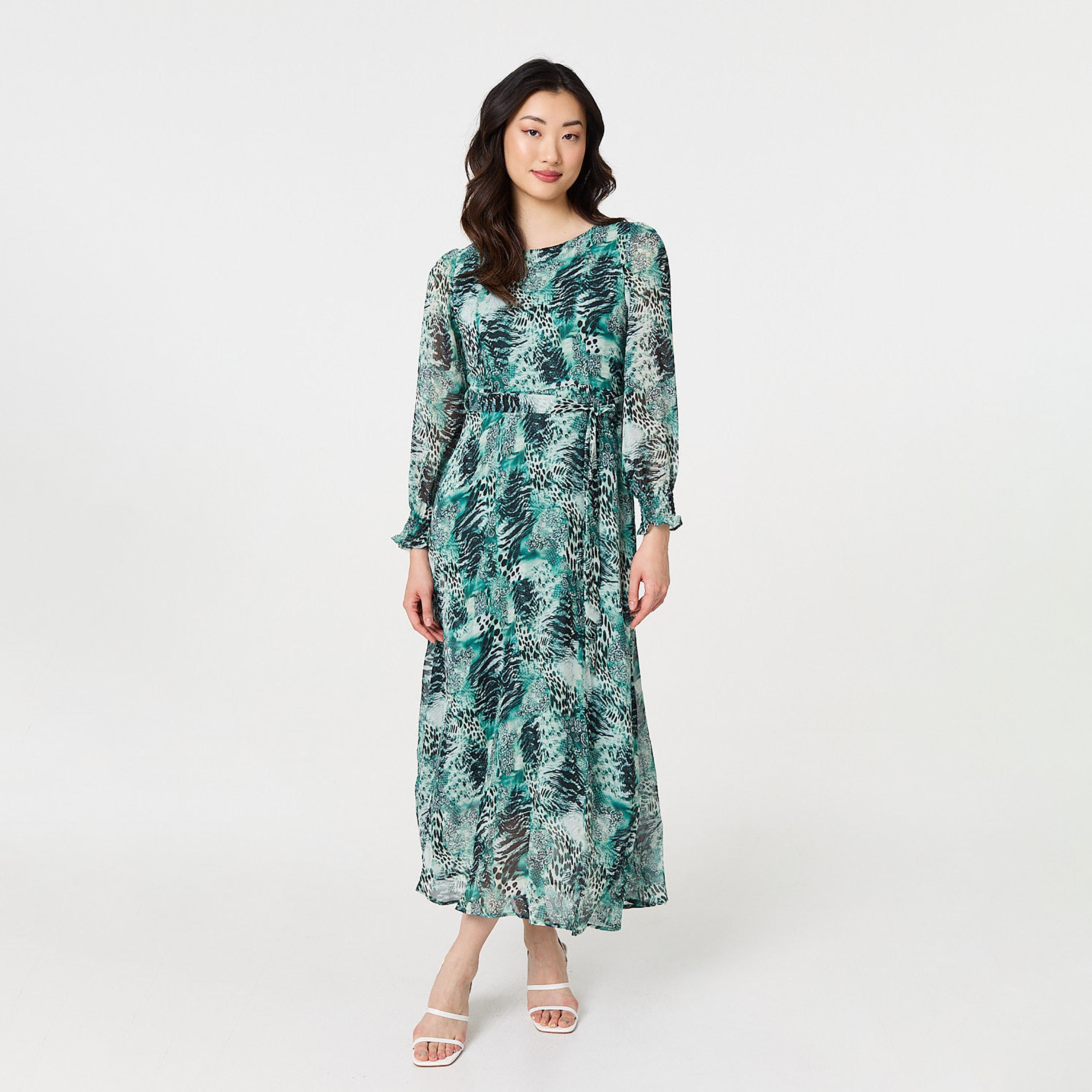 فستان ماكسي نسائي بطبعة تجريدية بلون أخضر من إيزابيل لندن-women-clothing-dresses-image-1