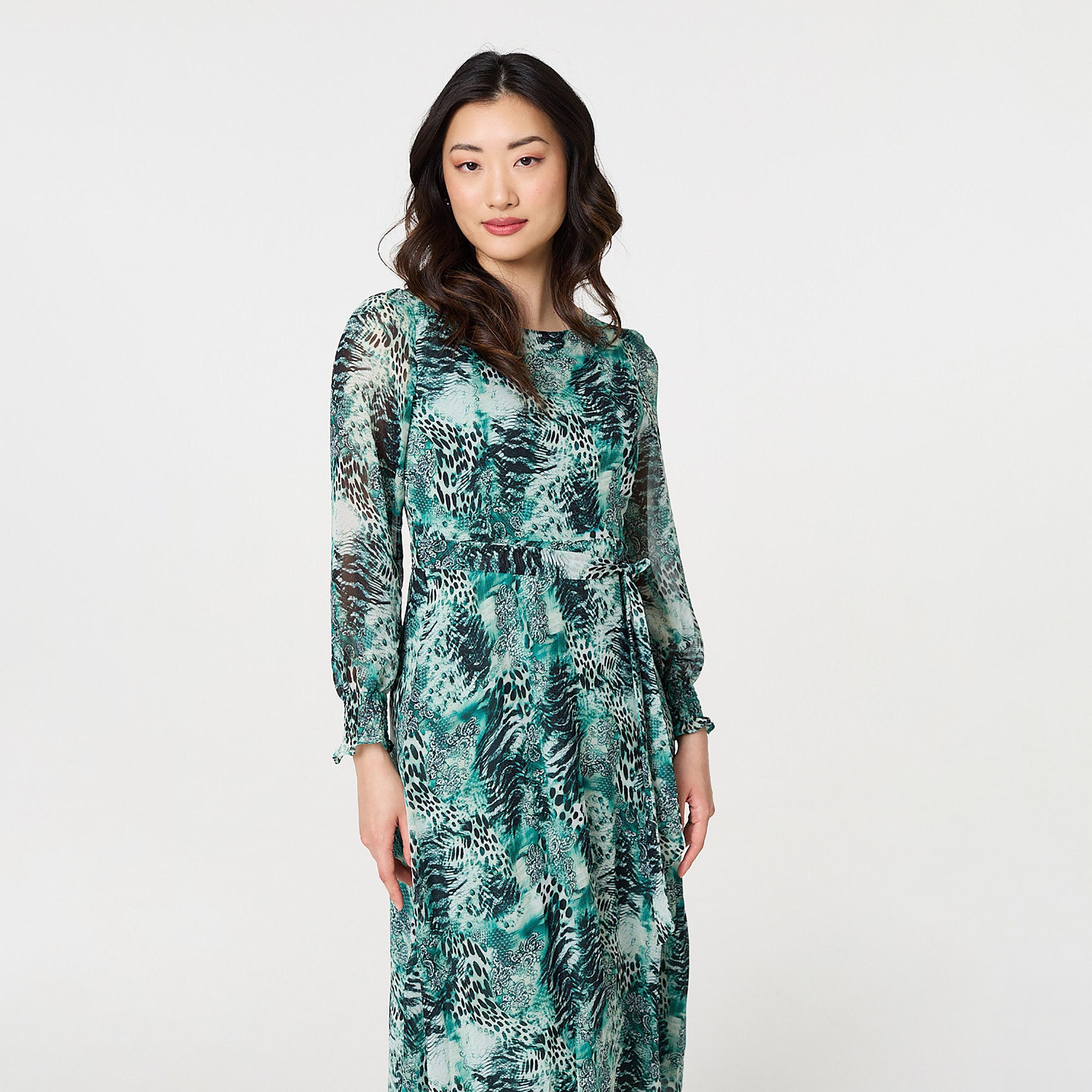 فستان ماكسي نسائي بطبعة تجريدية بلون أخضر من إيزابيل لندن-women-clothing-dresses-image-2