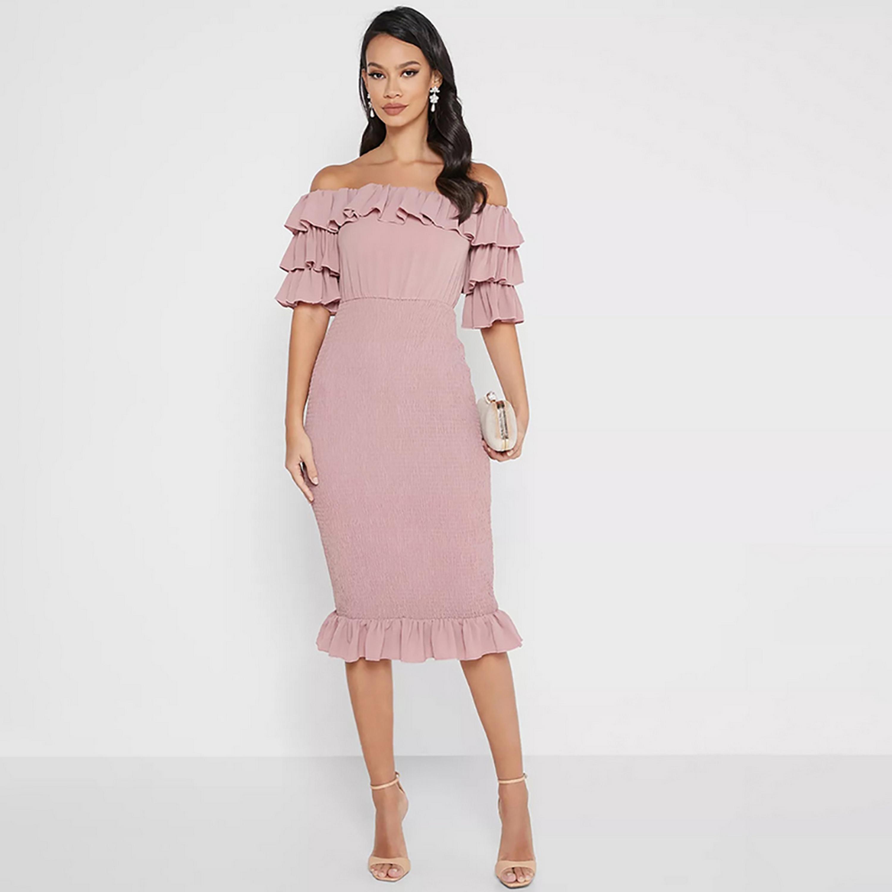 Little Mistress Pink Plain Bardot Neck Layered Sleeves Bodycon Midi Women's Dress-women-clothing-dresses-image-1