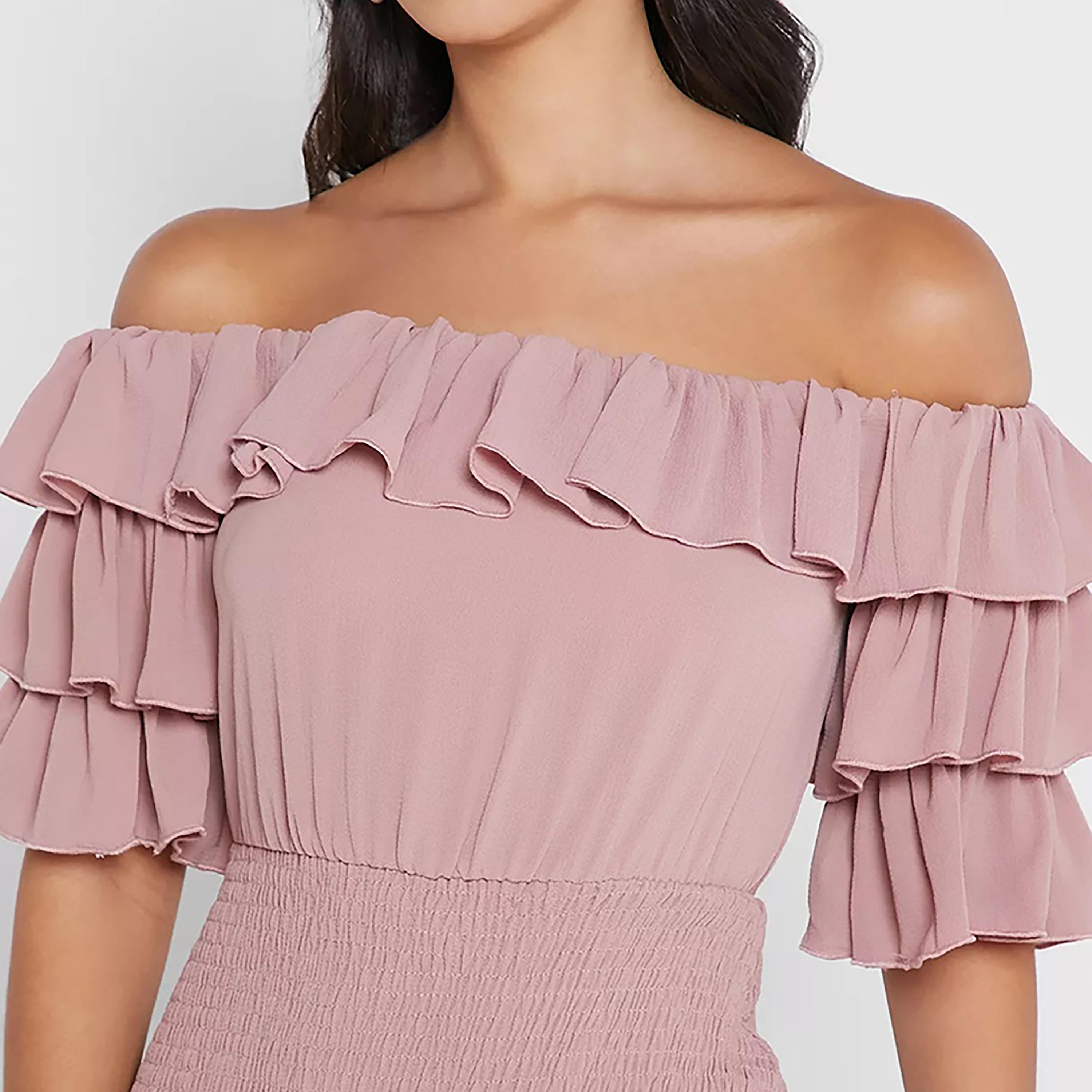 Little Mistress Pink Plain Bardot Neck Layered Sleeves Bodycon Midi Women's Dress-women-clothing-dresses-image-2