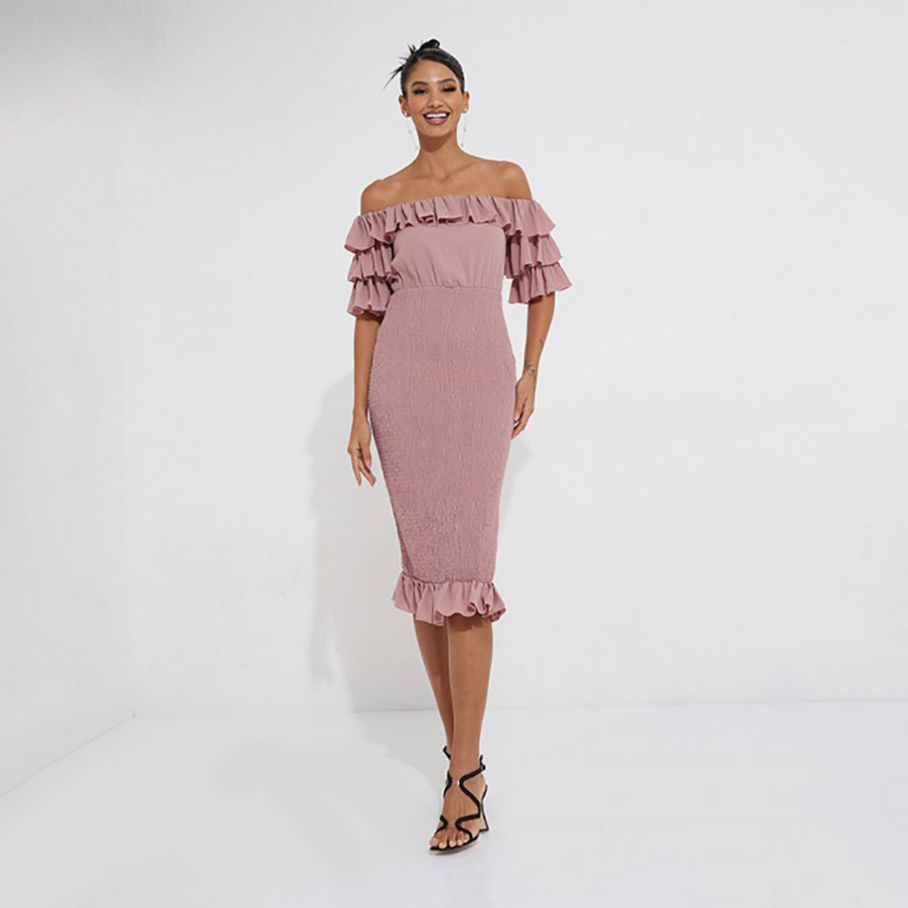 Little Mistress Pink Plain Bardot Neck Layered Sleeves Bodycon Midi Women's Dress-women-clothing-dresses-image-3