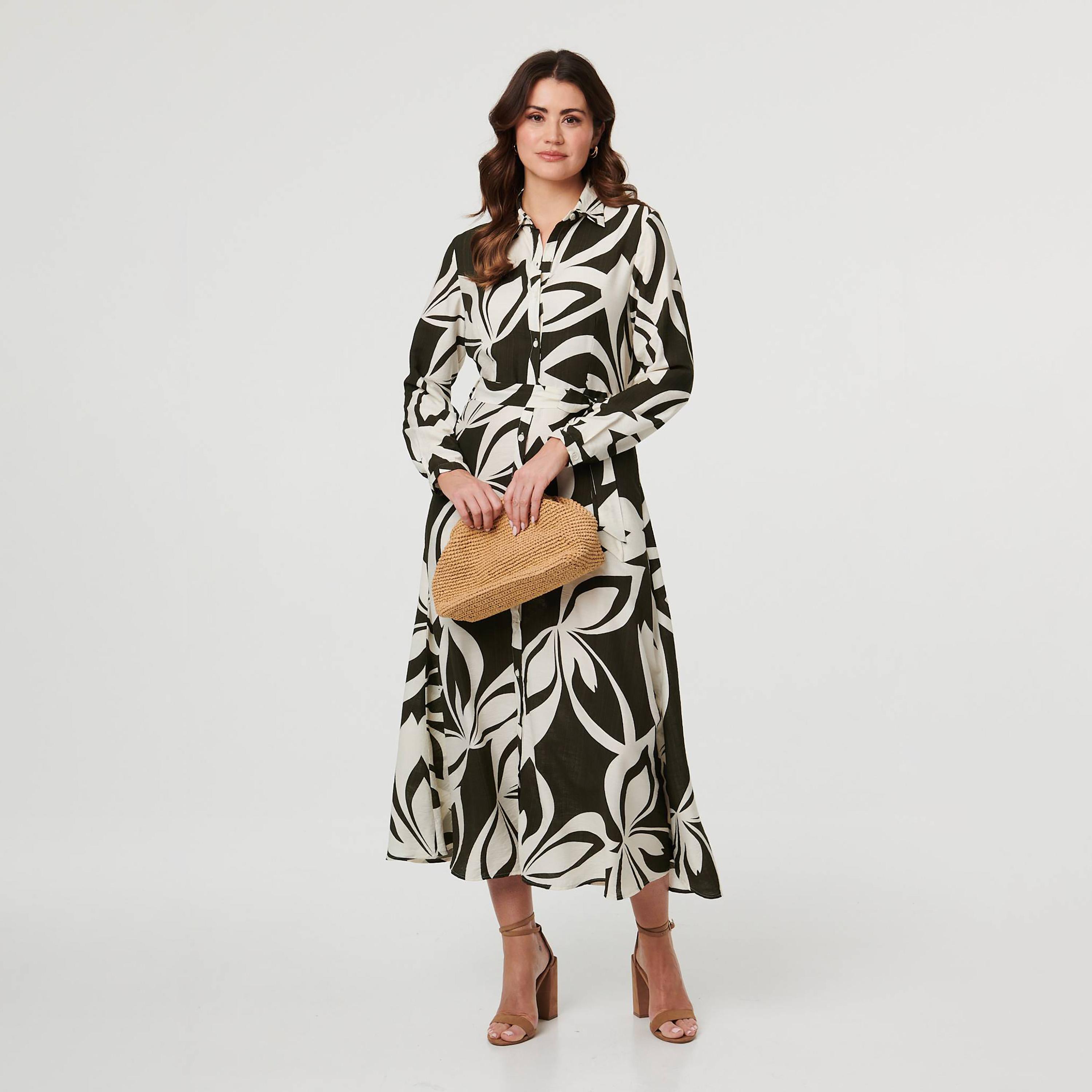Izabel London Green Floral Motifs Collared Women's Midi Shirt Dress-women-clothing-dresses-image-1