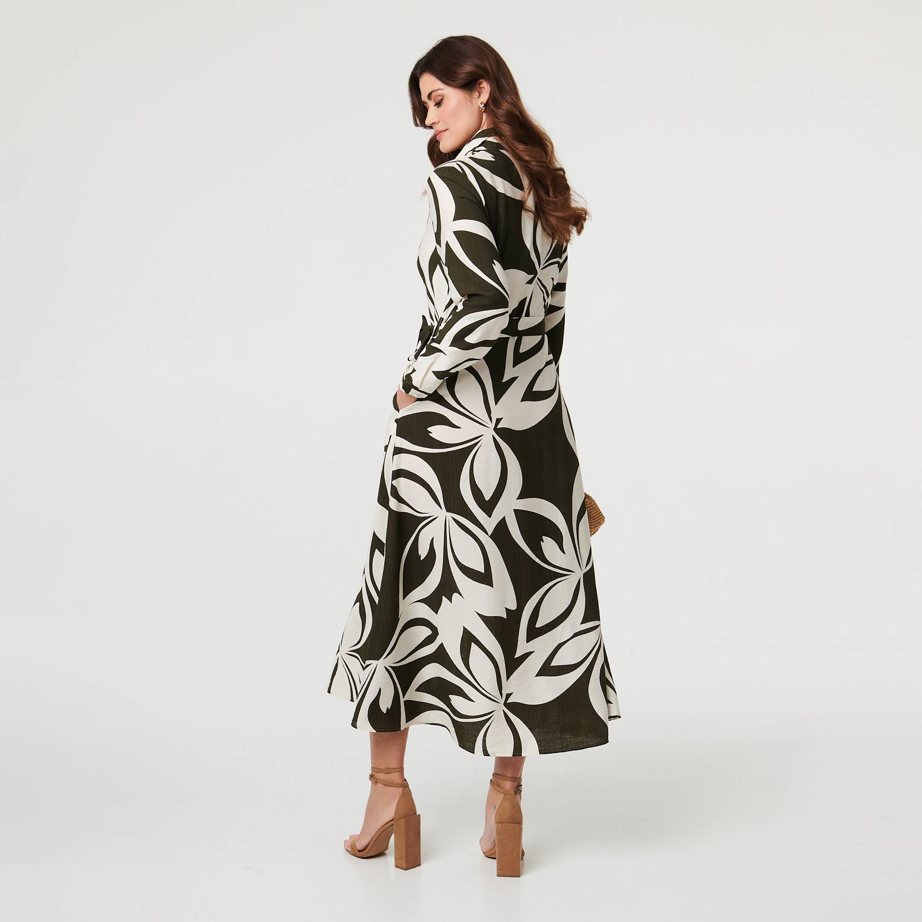 Izabel London Green Floral Motifs Collared Women's Midi Shirt Dress-women-clothing-dresses-image-3