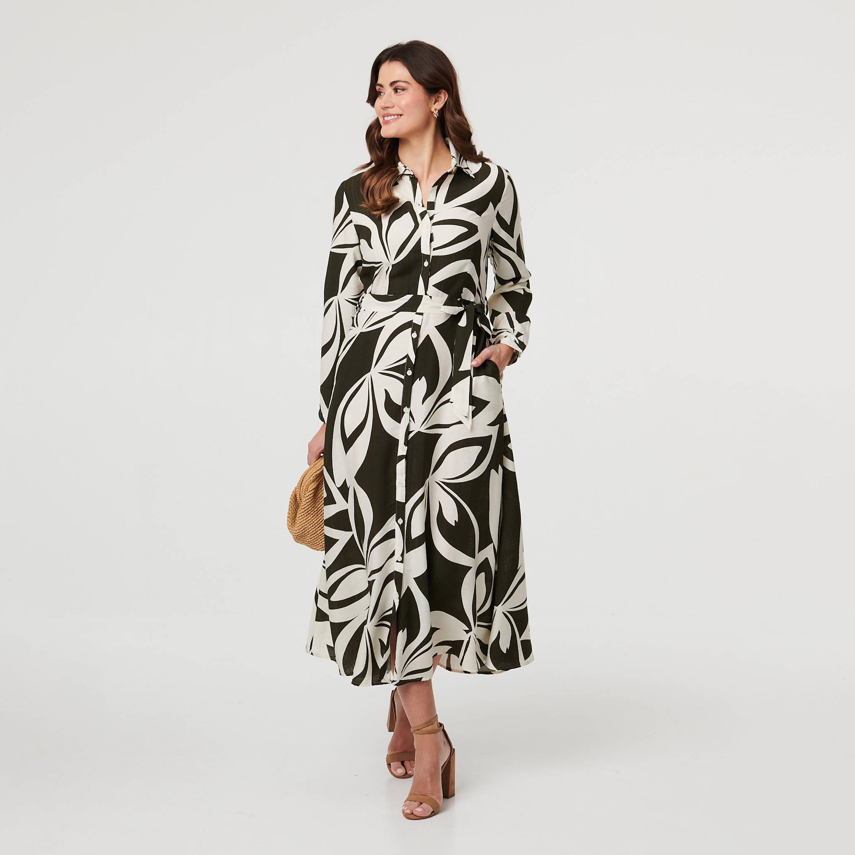 Izabel London Green Floral Motifs Collared Women's Midi Shirt Dress-women-clothing-dresses-image-4
