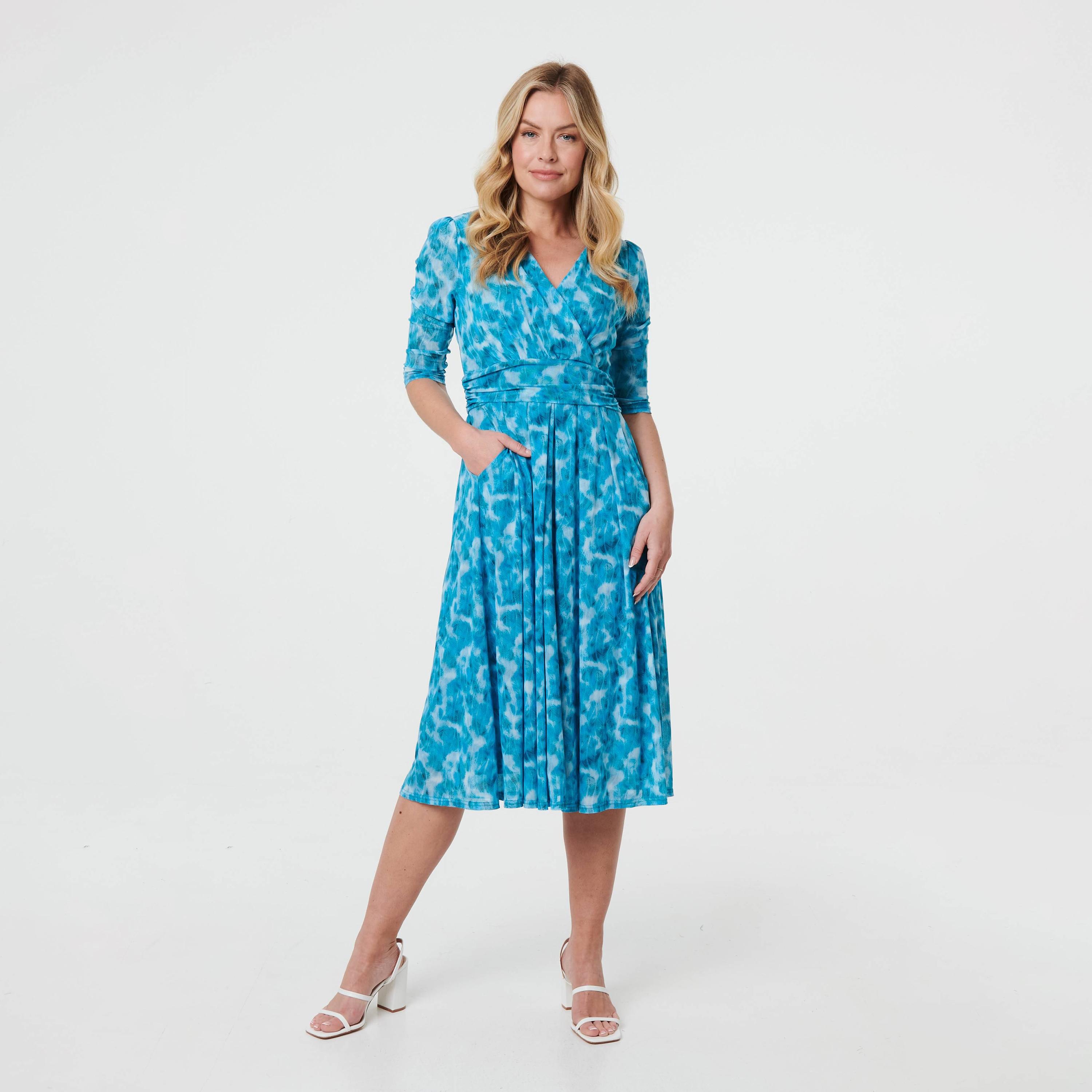 Izabel London Abstract Print Surplice Neck Pleated Women's Midi Dress-women-clothing-dresses-image-1