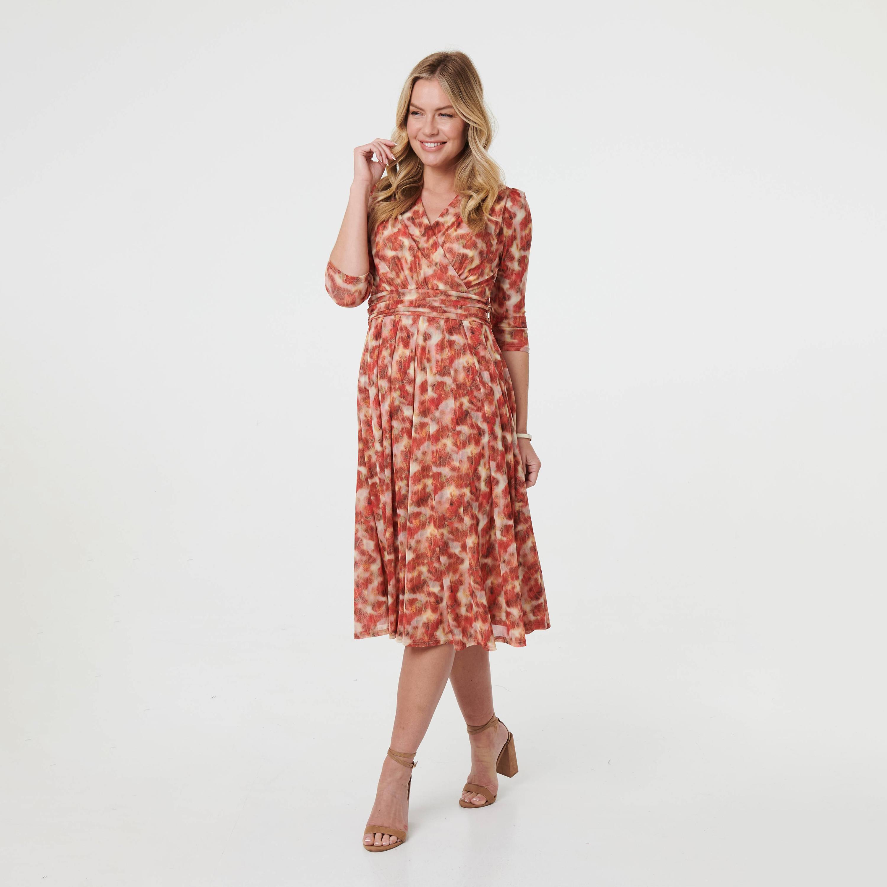 Izabel London Abstract Print Surplice Neck Pleated Women's Midi Dress-women-clothing-dresses-image-1