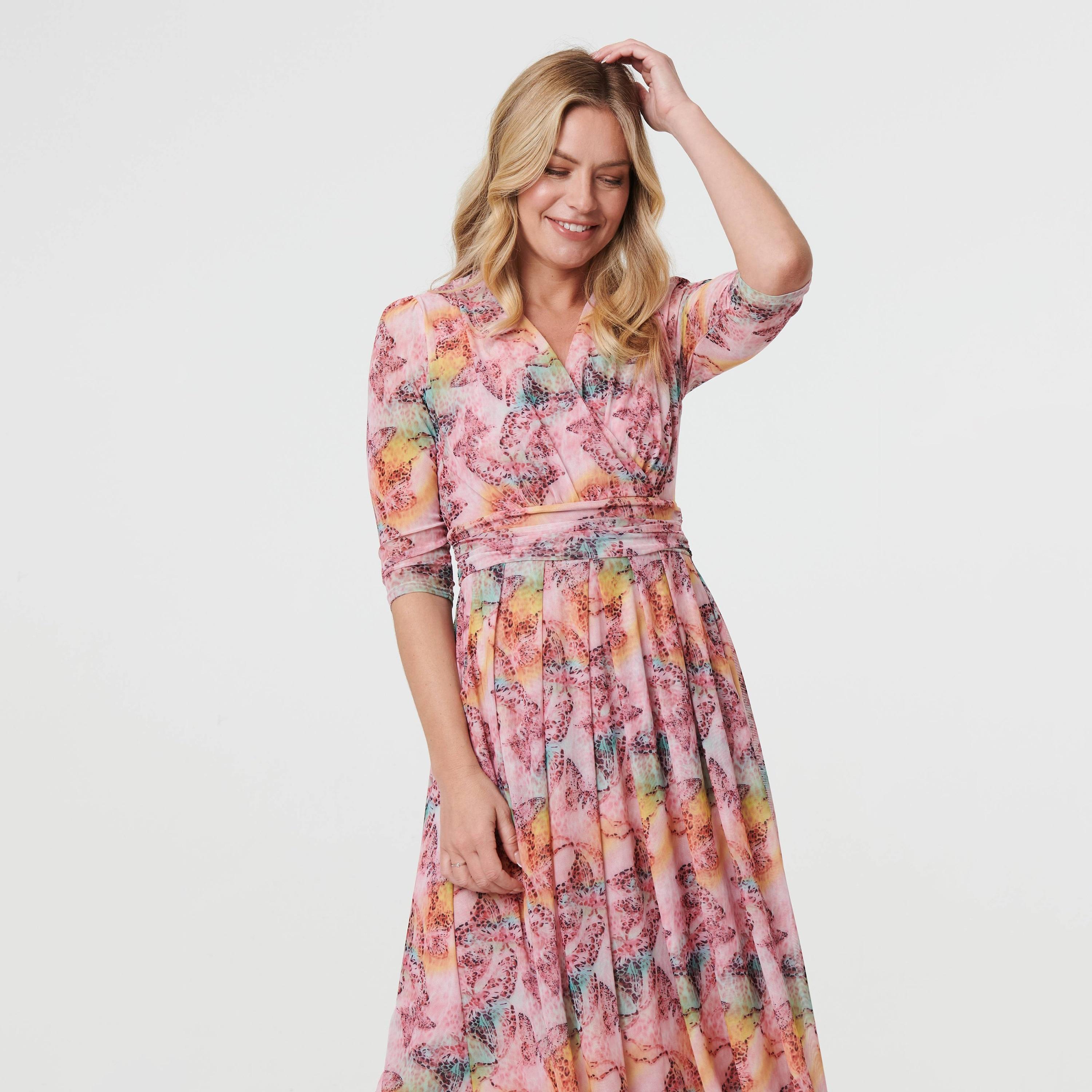 Izabel London Pink Printed Surplice Neck Pleated Women's Midi Dress-women-clothing-dresses-image-2