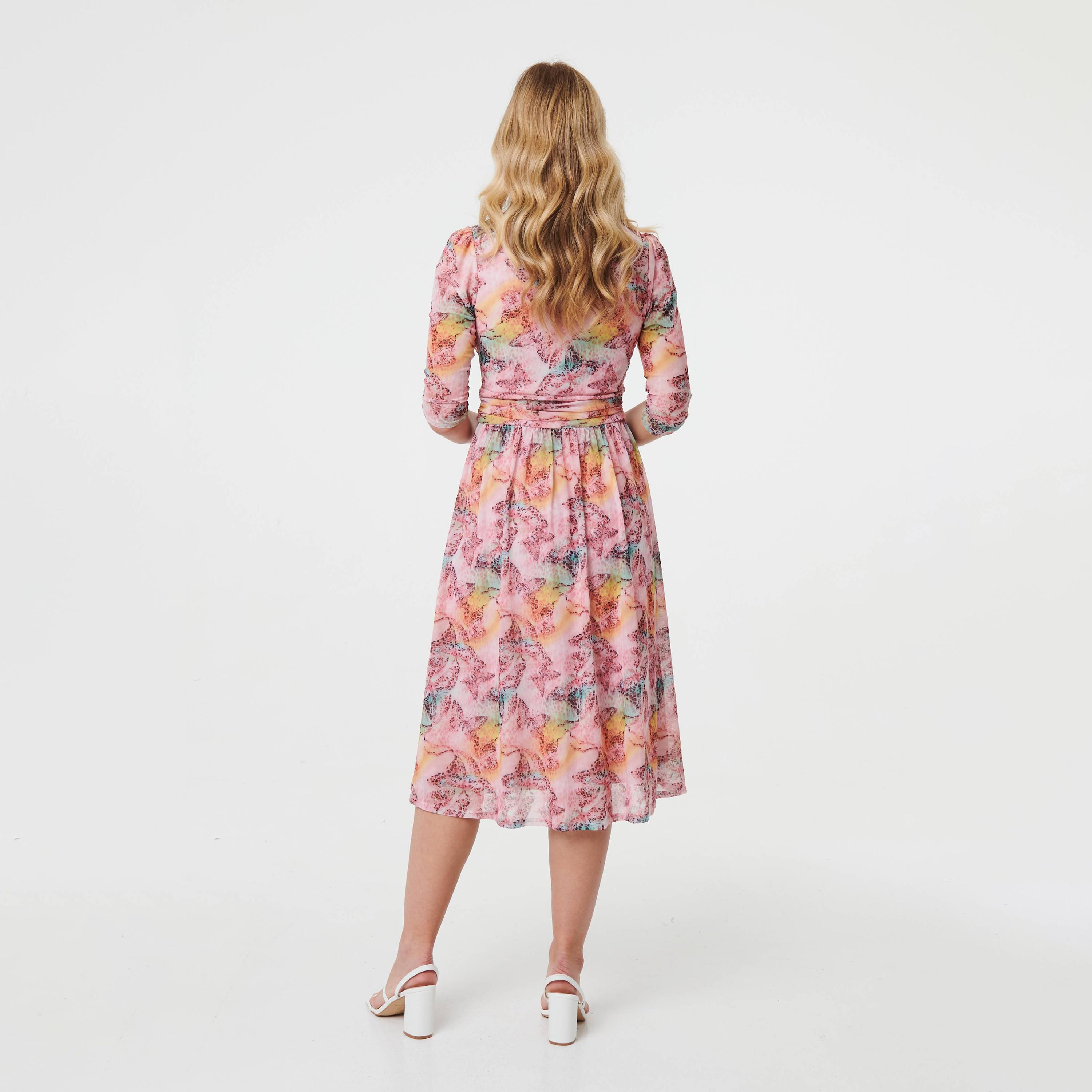 Izabel London Pink Printed Surplice Neck Pleated Women's Midi Dress-women-clothing-dresses-image-3