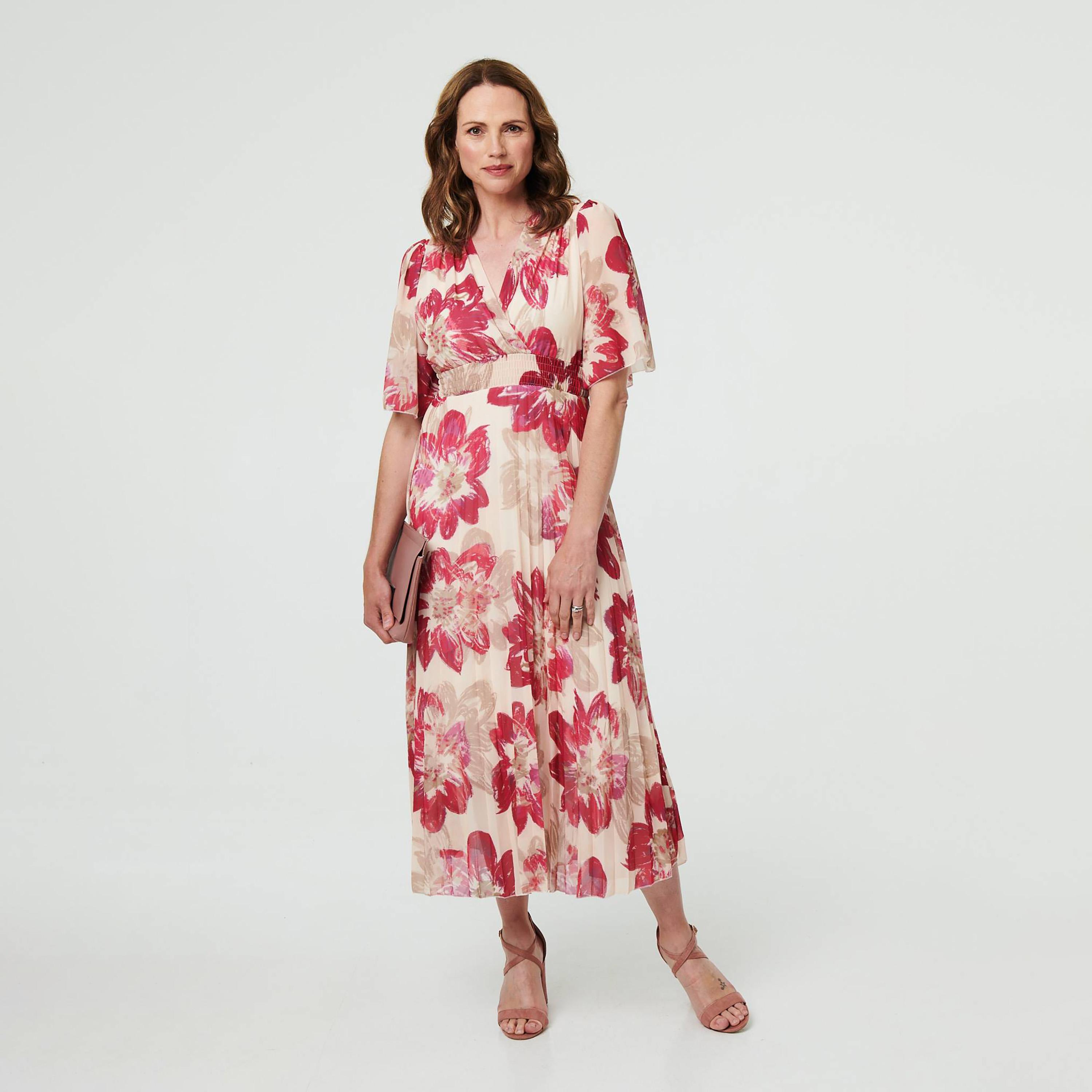 Izabel London Pink Floral Print Surplice Neck Flutter Sleeves Pleated Women's Midi Dress-women-clothing-dresses-image-1