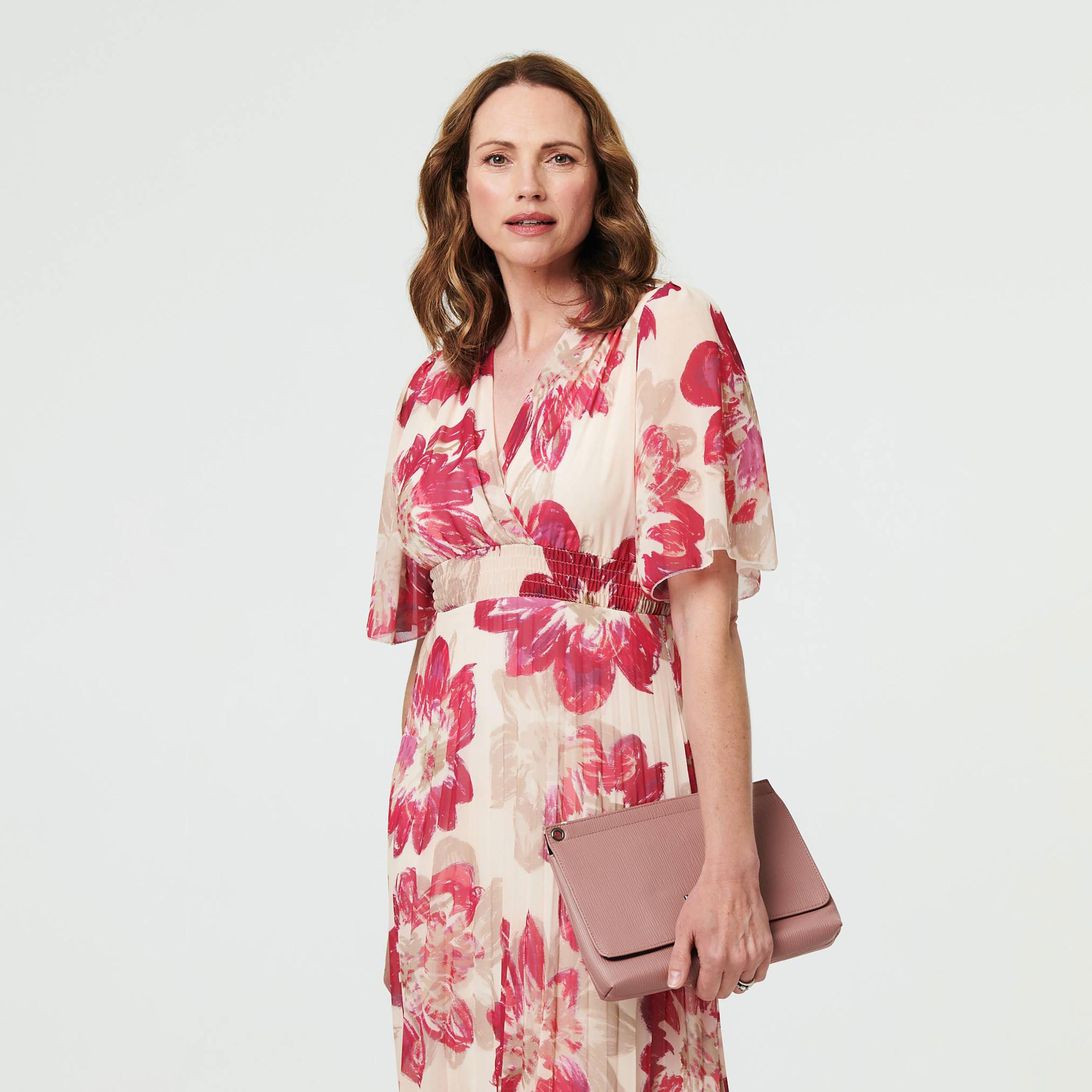 Izabel London Pink Floral Print Surplice Neck Flutter Sleeves Pleated Women's Midi Dress-women-clothing-dresses-image-2