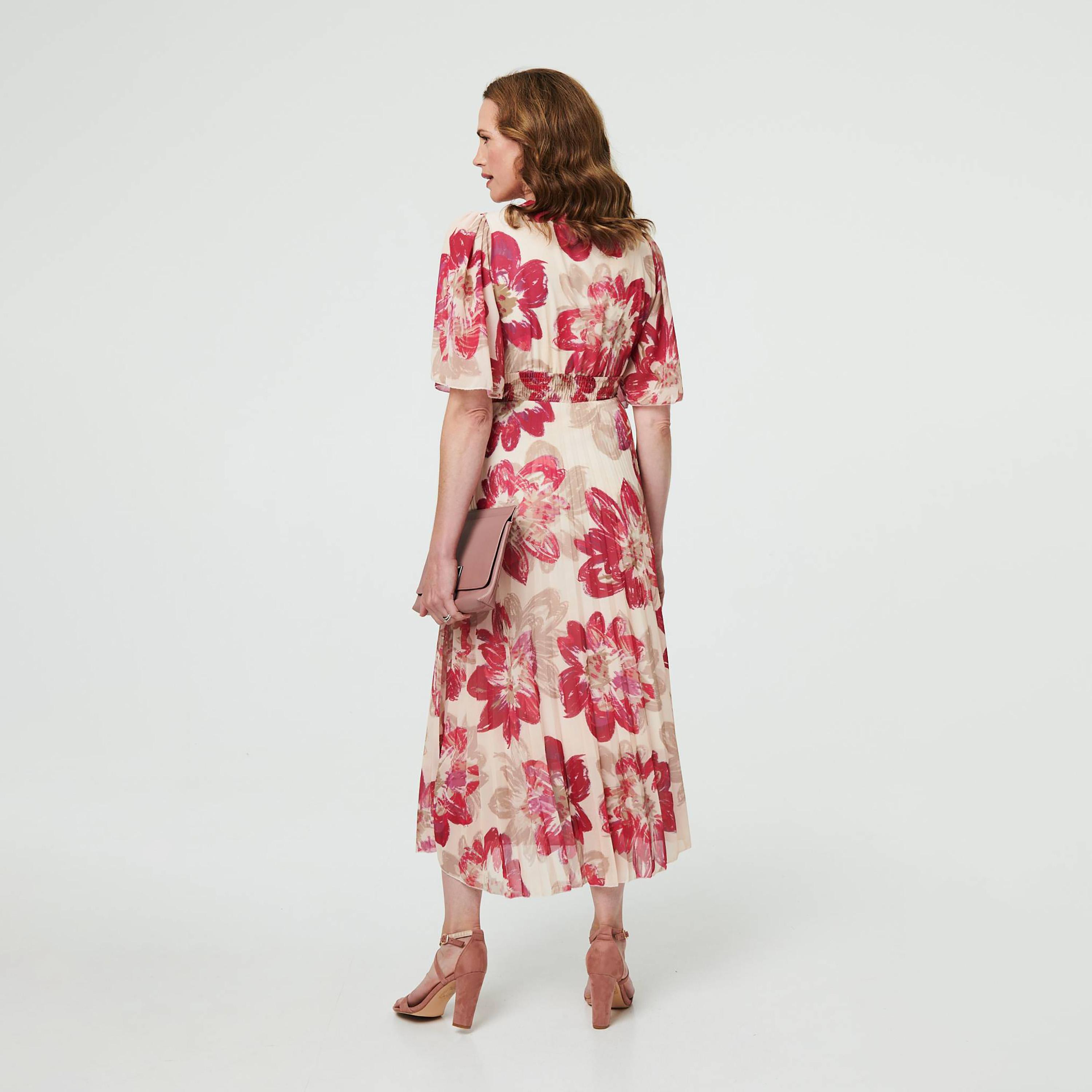 Izabel London Pink Floral Print Surplice Neck Flutter Sleeves Pleated Women's Midi Dress-women-clothing-dresses-image-3