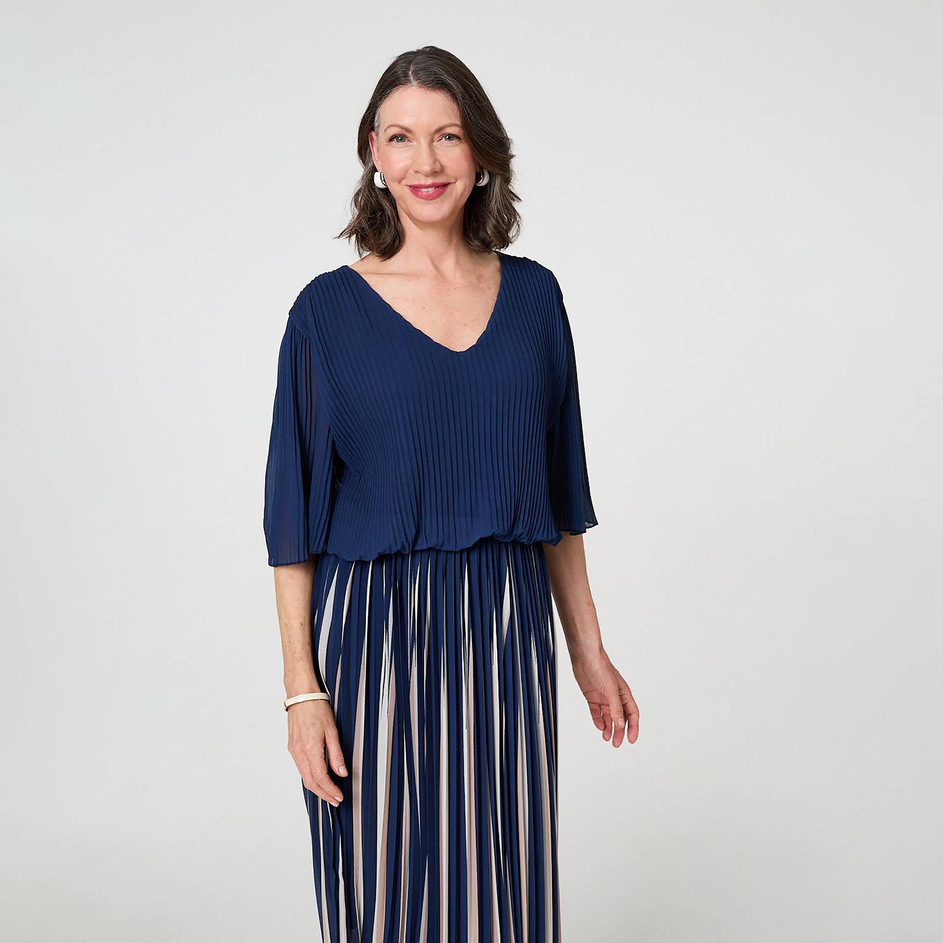 Izabel London Deep Blue Striped Pleated Women's Midi Dress-women-clothing-dresses-image-2