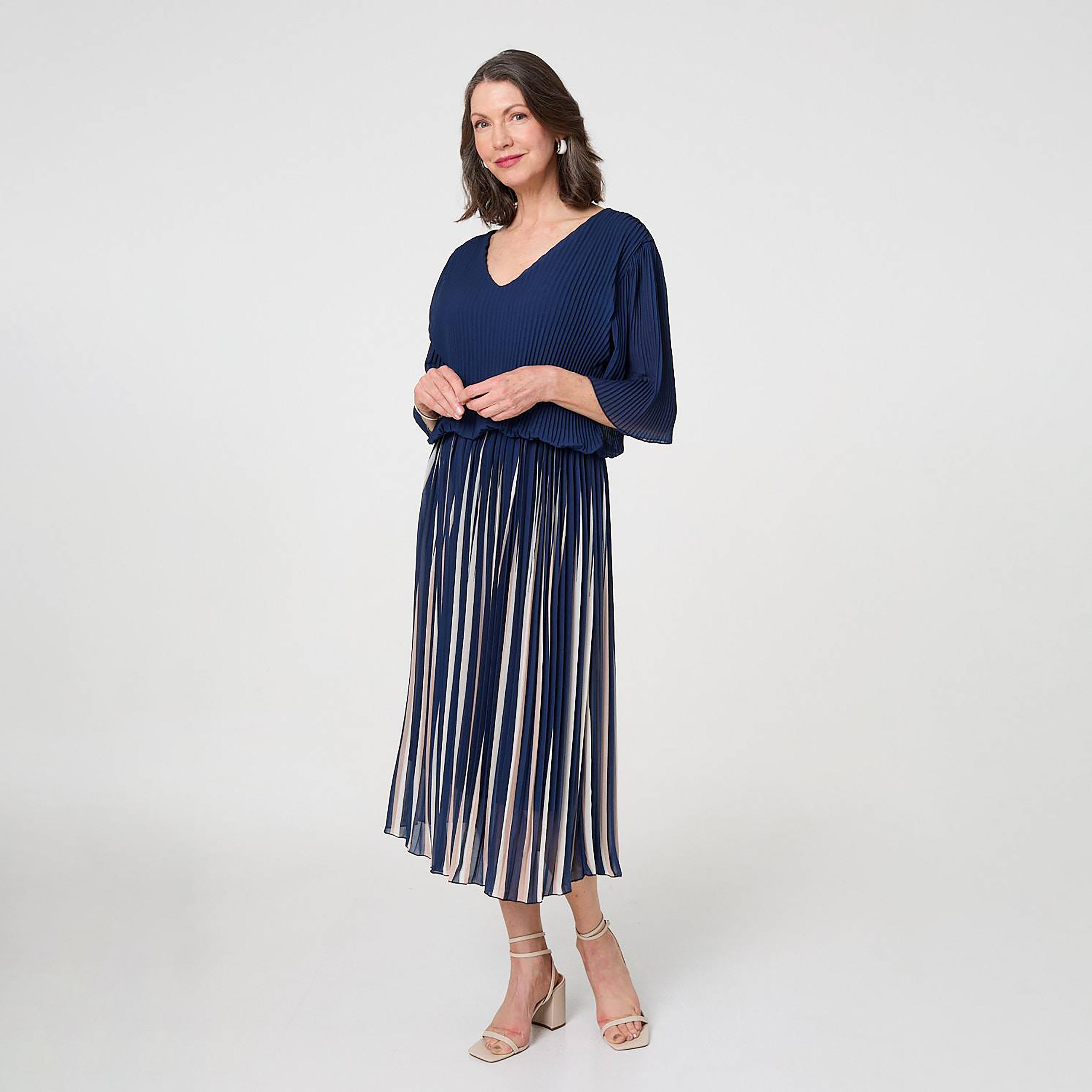 Izabel London Deep Blue Striped Pleated Women's Midi Dress-women-clothing-dresses-image-3