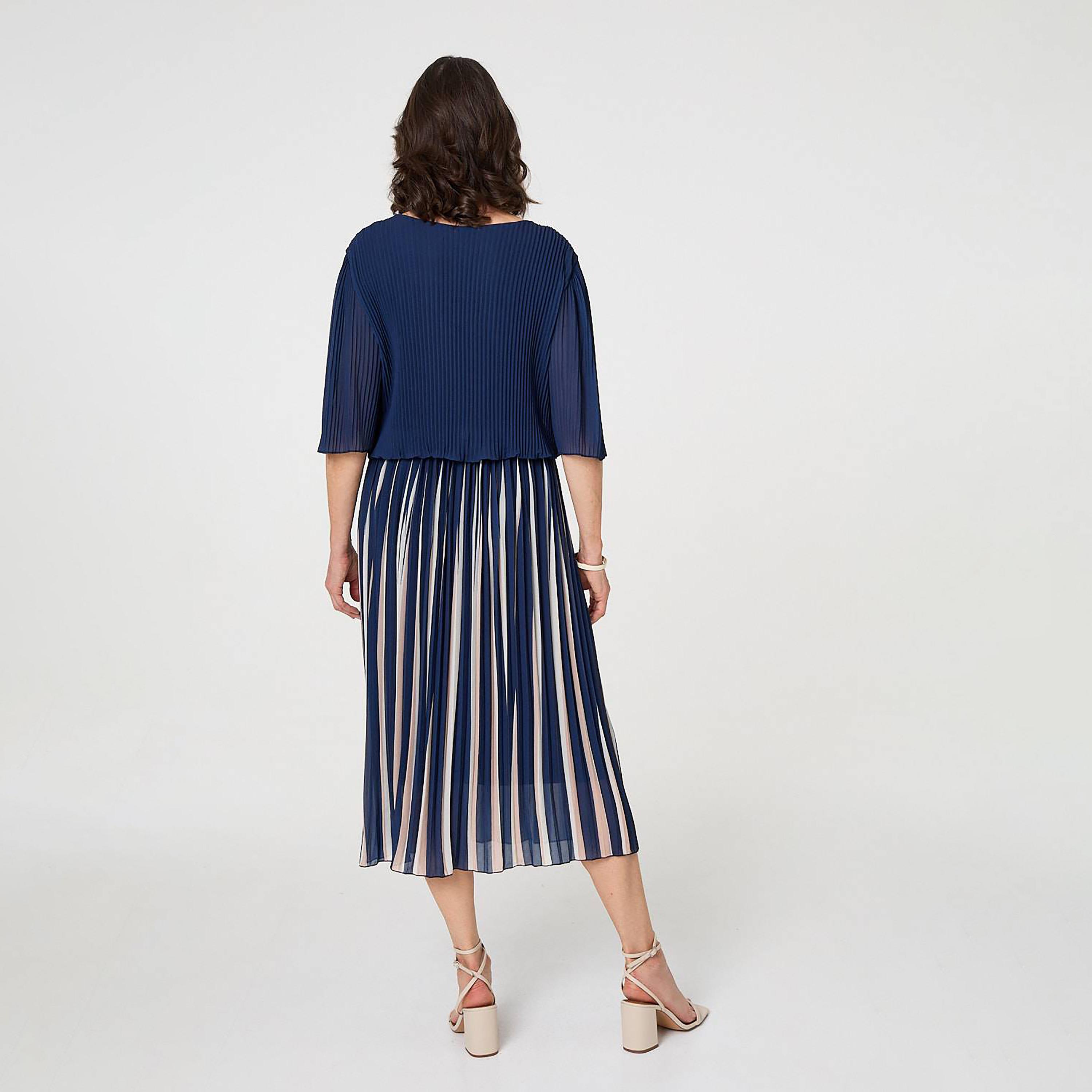Izabel London Deep Blue Striped Pleated Women's Midi Dress-women-clothing-dresses-image-4