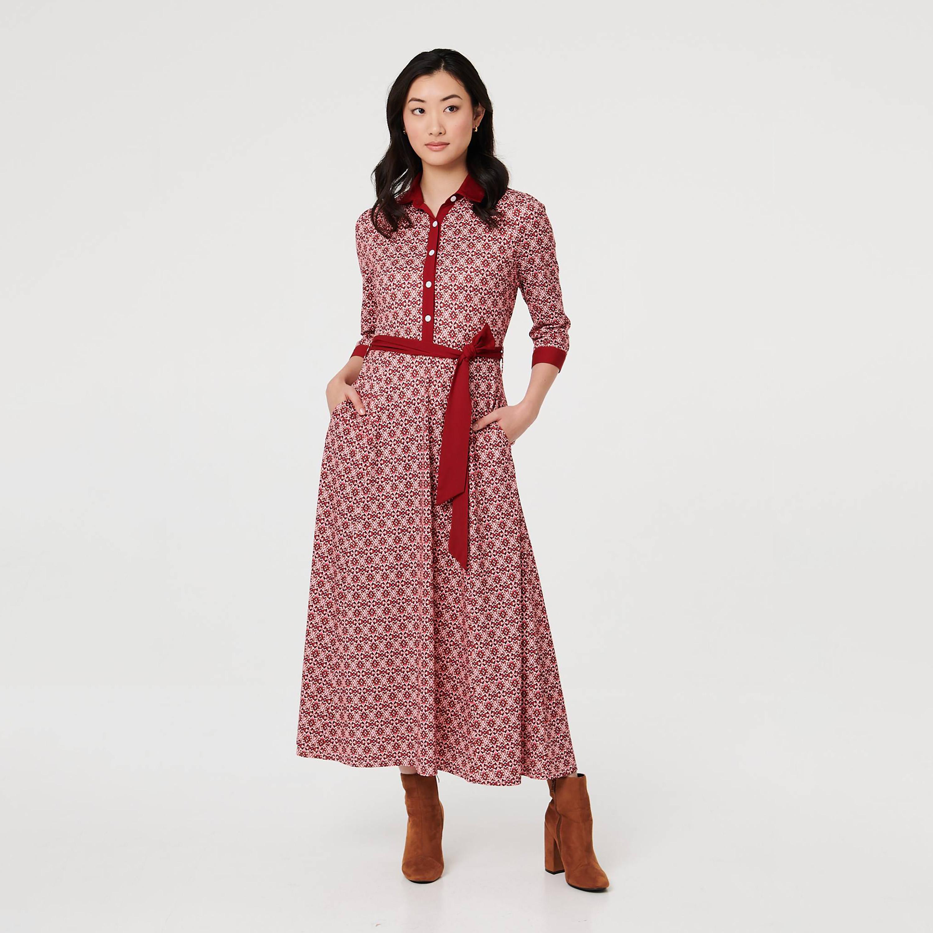 Izabel London Red Geometric Print Collared Women's Midi Shirt Dress-women-clothing-dresses-image-1