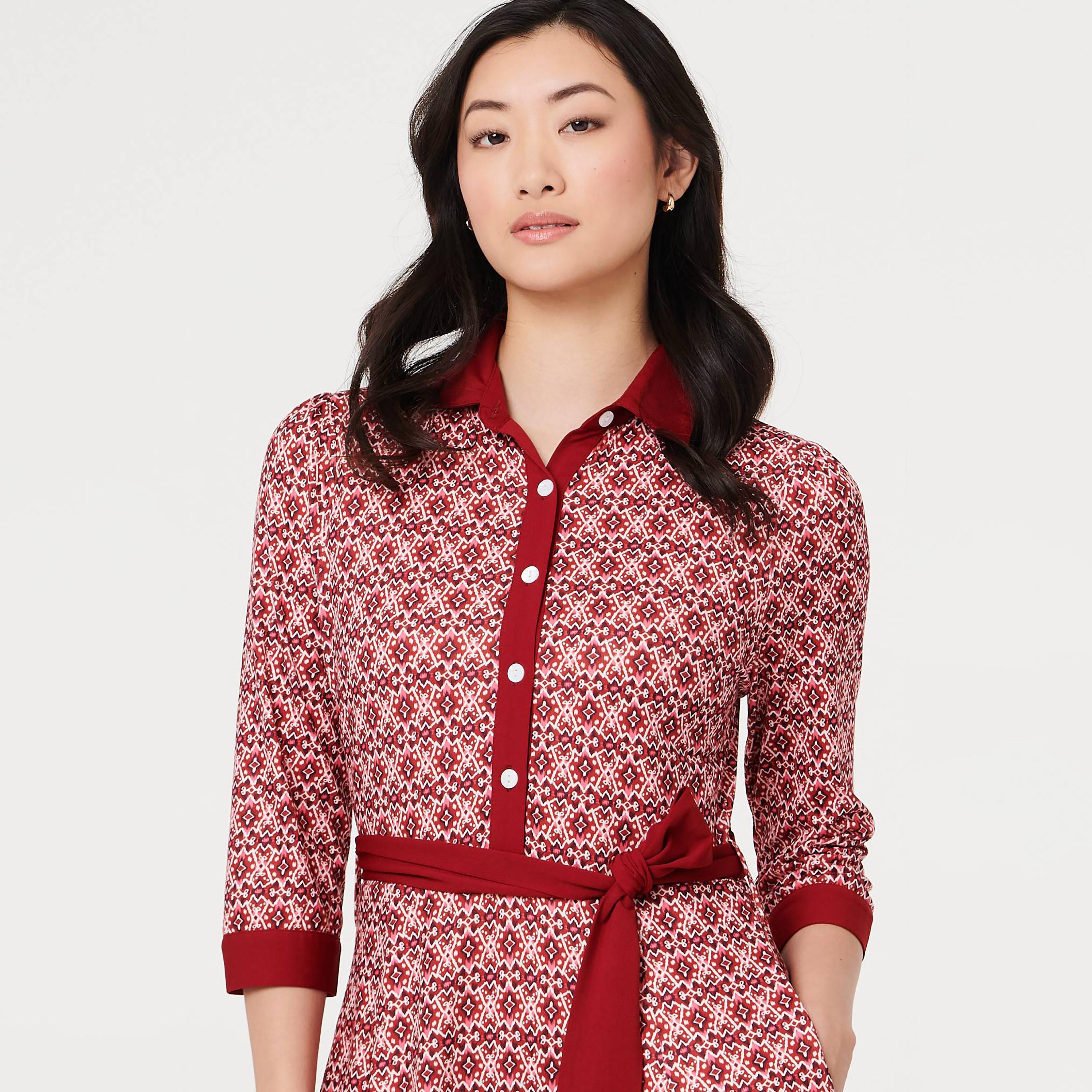Izabel London Red Geometric Print Collared Women's Midi Shirt Dress-women-clothing-dresses-image-2