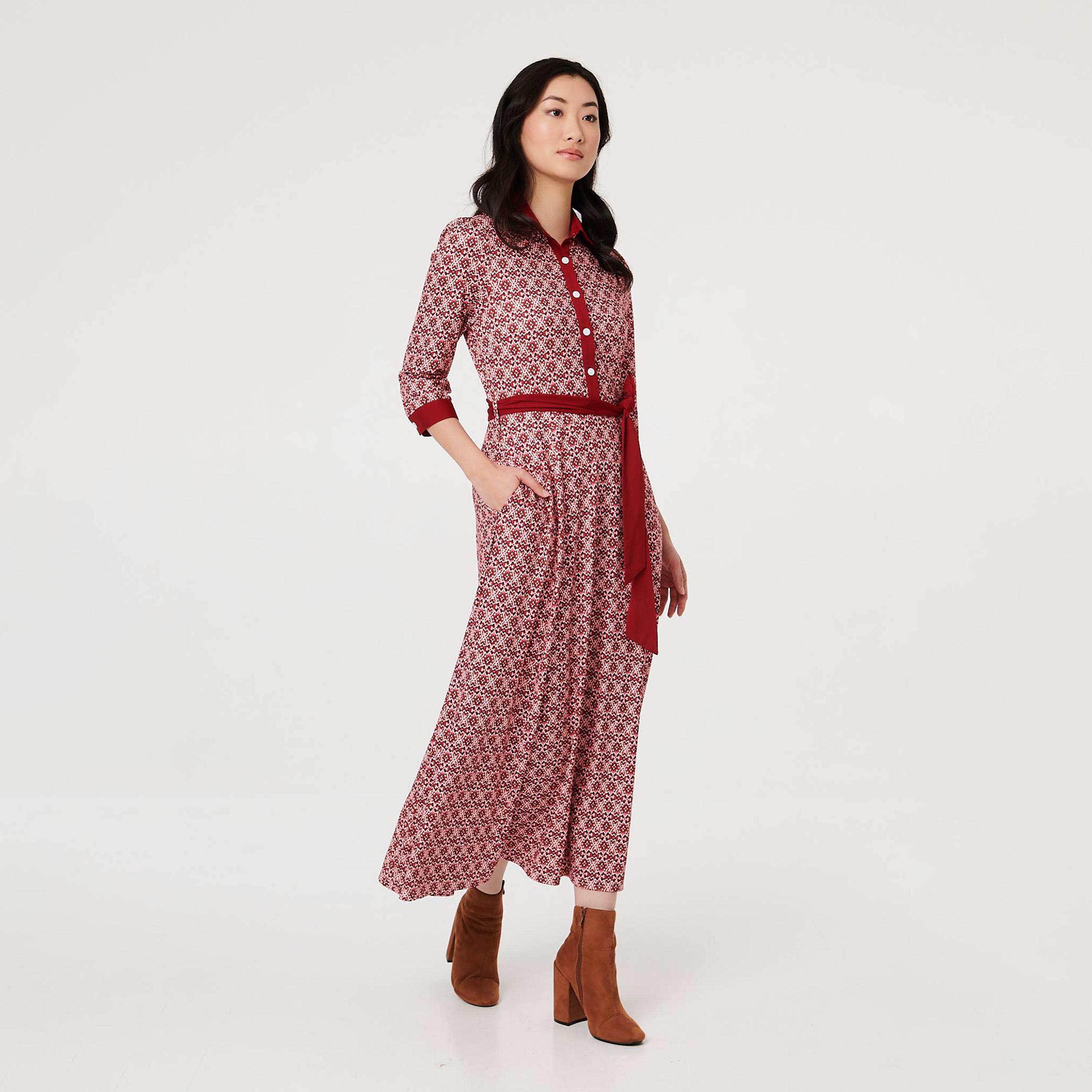 Izabel London Red Geometric Print Collared Women's Midi Shirt Dress-women-clothing-dresses-image-3