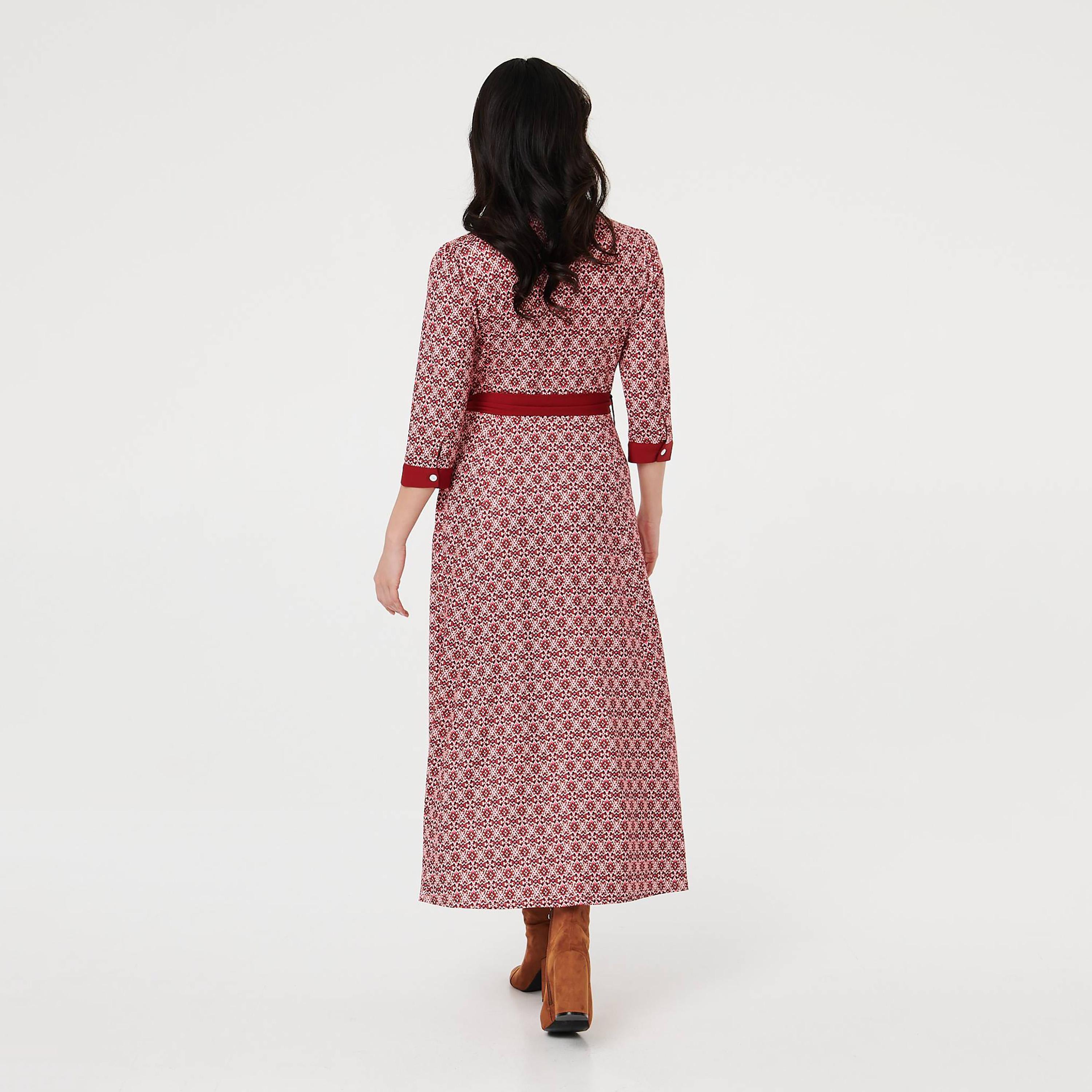 Izabel London Red Geometric Print Collared Women's Midi Shirt Dress-women-clothing-dresses-image-4