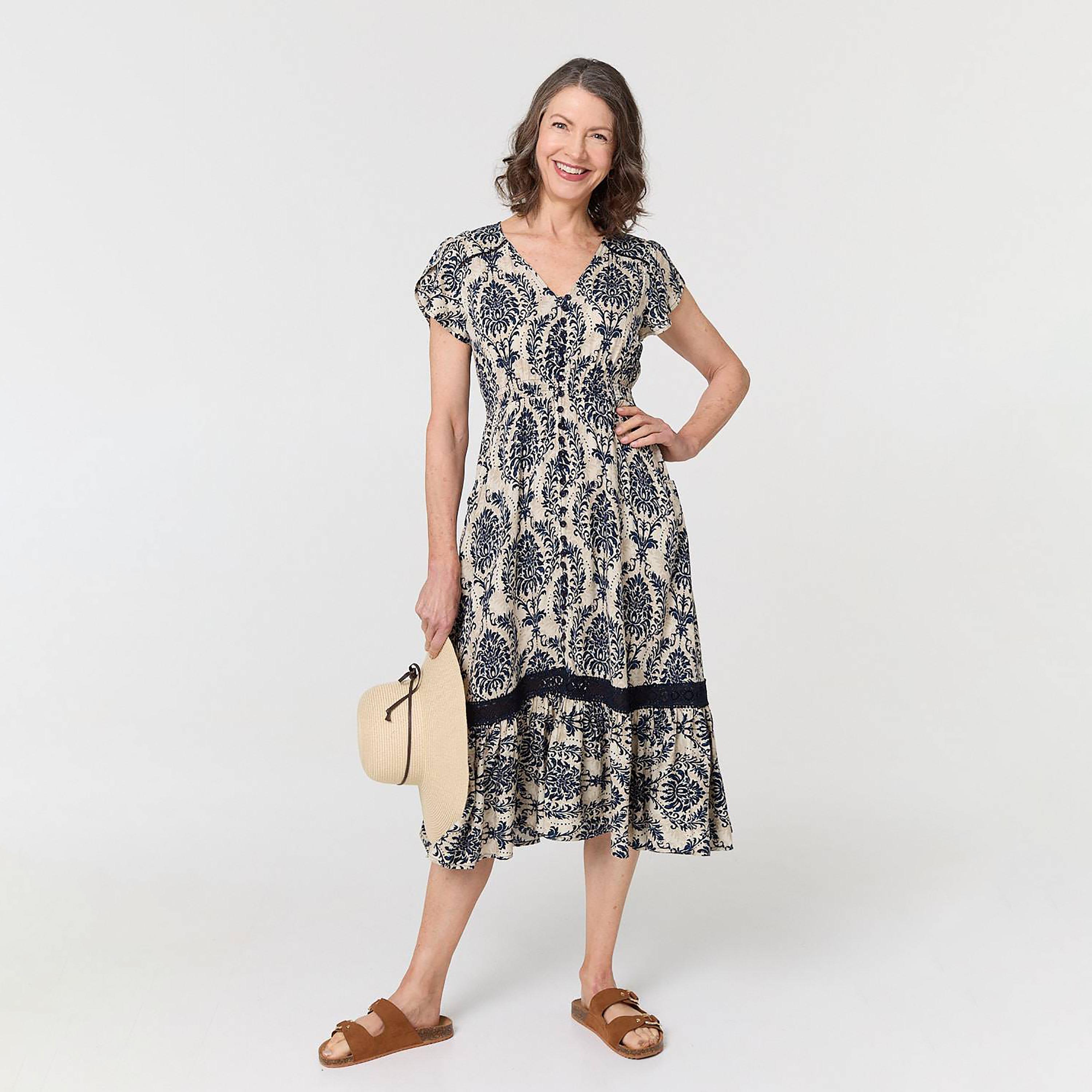 Izabel London Blue Printed Cap Sleeves Women's Midi Dress-women-clothing-dresses-image-1