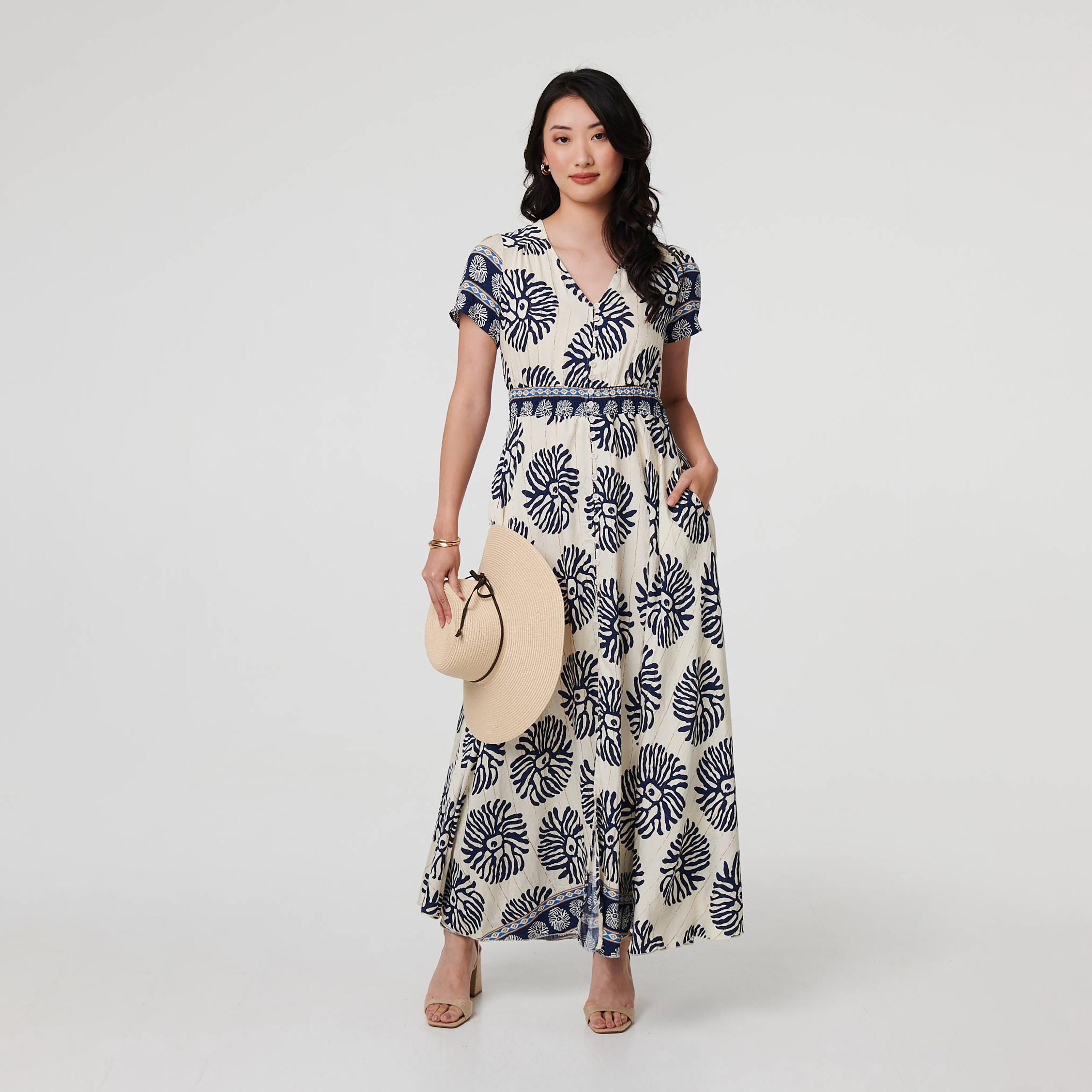 Izabel London Blue Printed Fit & Flared Women's Maxi Dress-women-clothing-dresses-image-1
