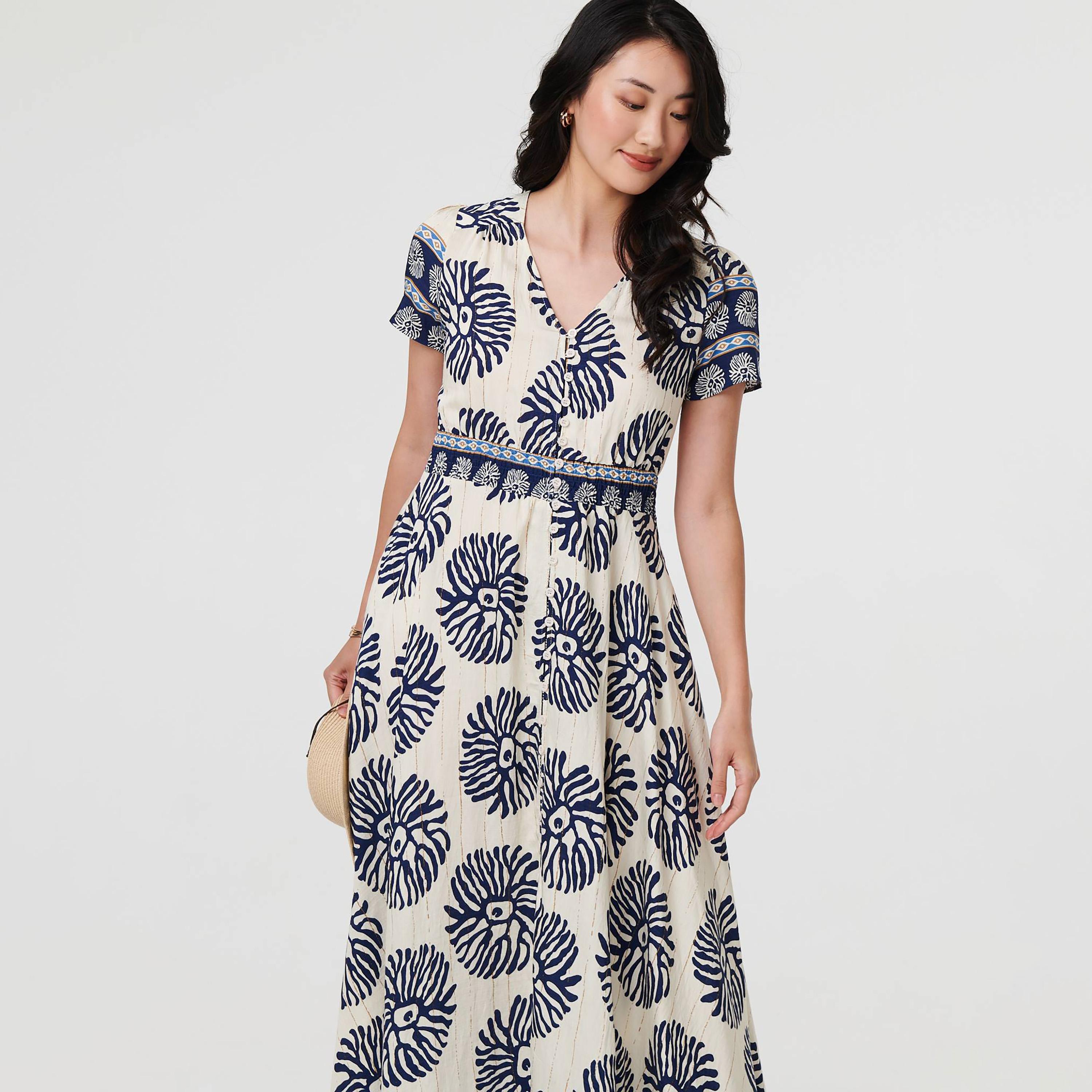 Izabel London Blue Printed Fit & Flared Women's Maxi Dress-women-clothing-dresses-image-2