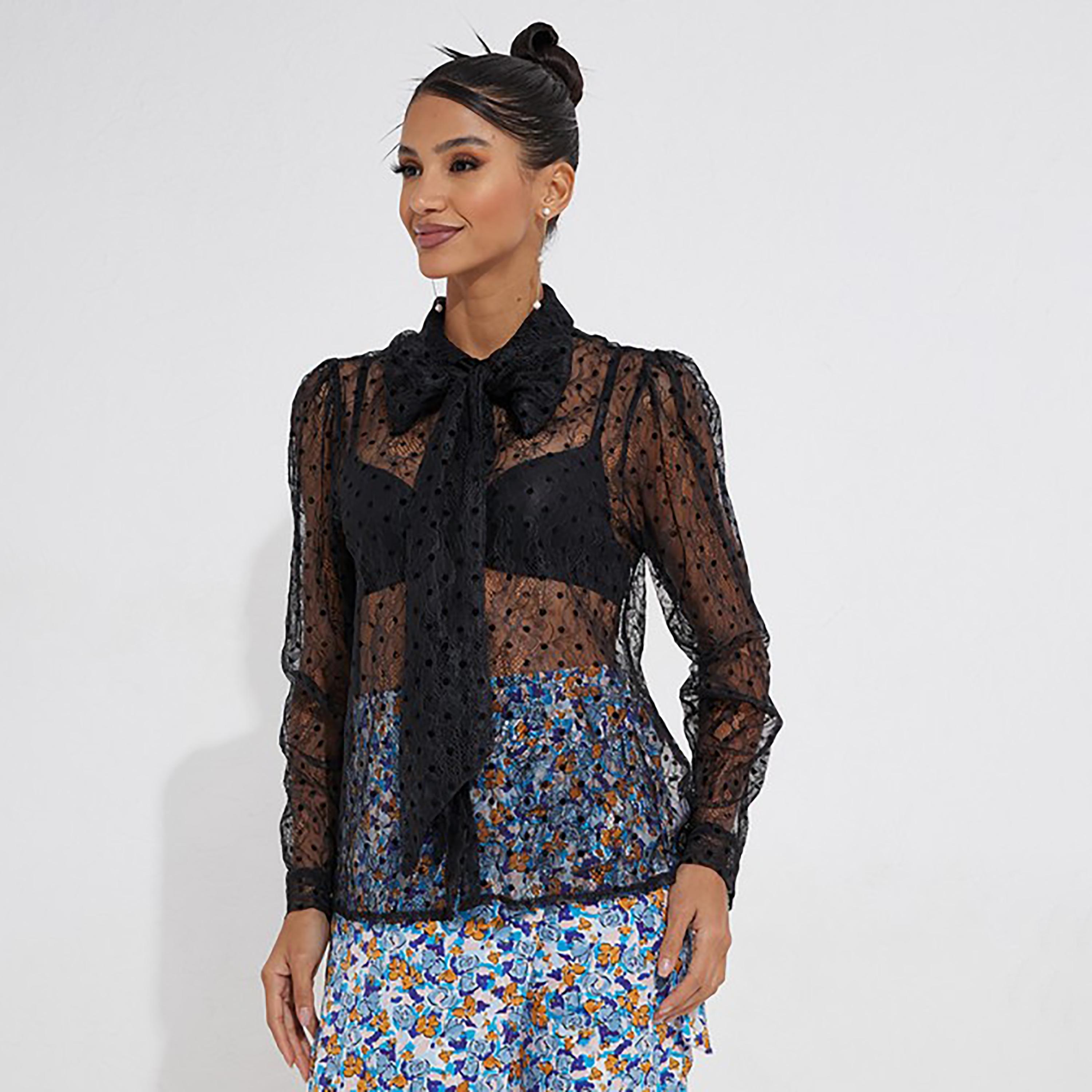 Little Mistress Black Lace Collared Long Sleeves Women's Shirt-women-clothing-shirtsandblouses-shirts-image-1
