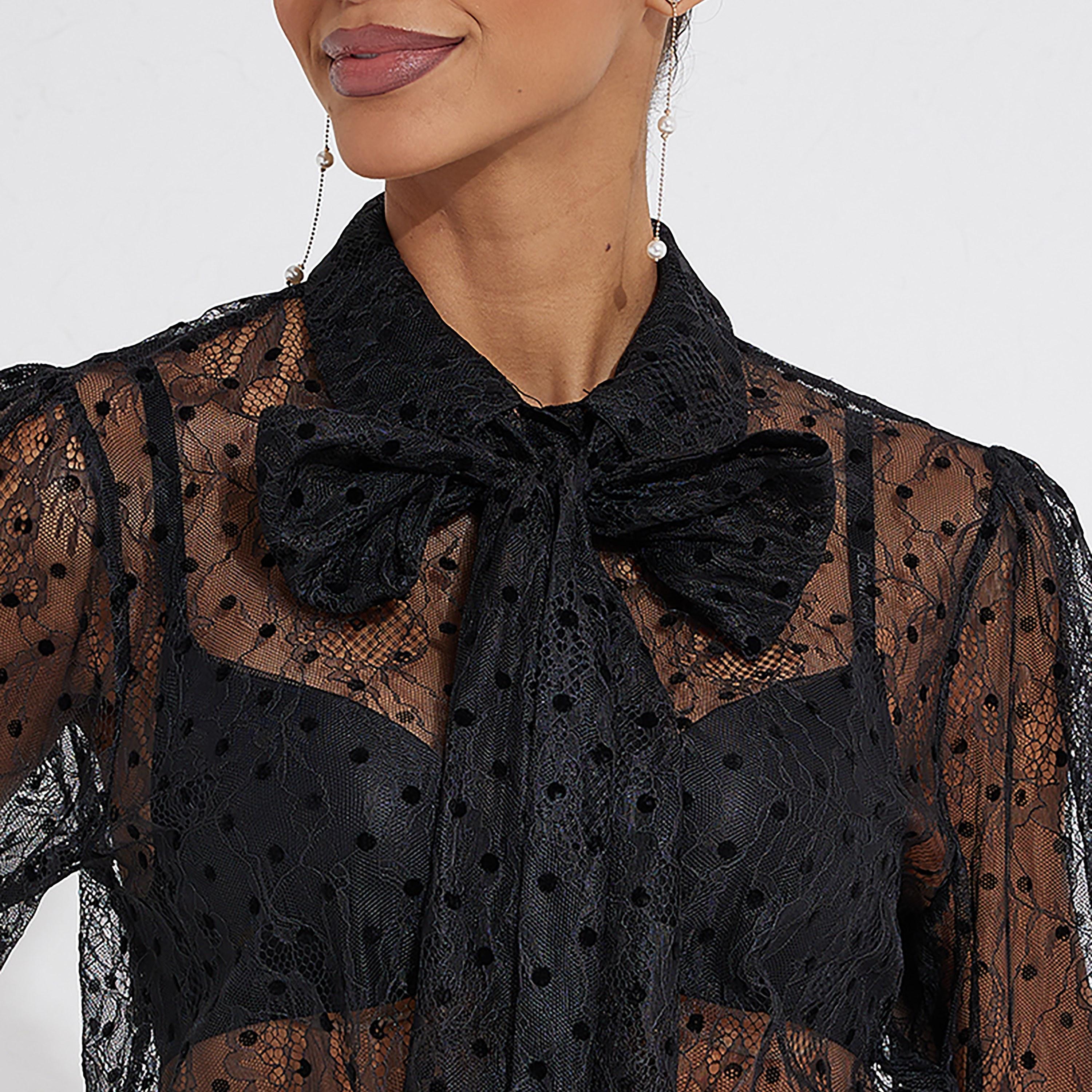 Little Mistress Black Lace Collared Long Sleeves Women's Shirt-women-clothing-shirtsandblouses-shirts-image-3
