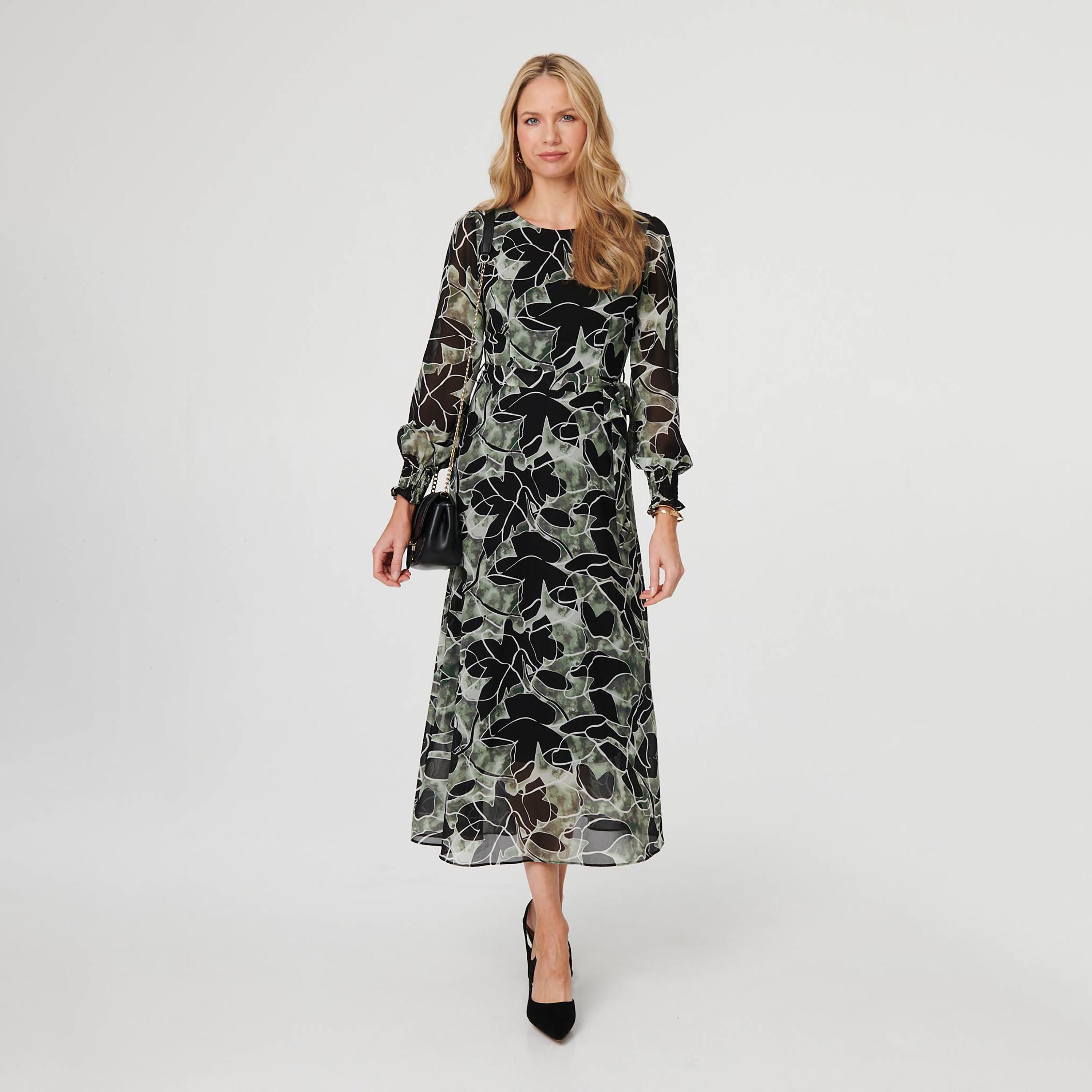 Izabel London Green Abstract Floral Bishop Sleeves Women's Midi Dress-women-clothing-dresses-image-1